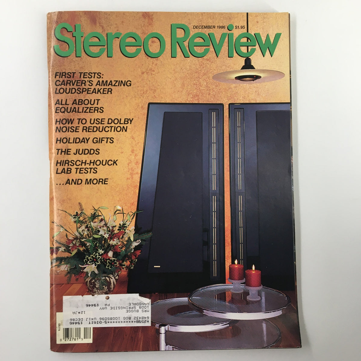 Cover of Stereo Review Magazine December 1986 featuring Carver's Amazing Loudspeaker Tests, showcasing vintage audio technology with a decorative background and important articles highlighted.