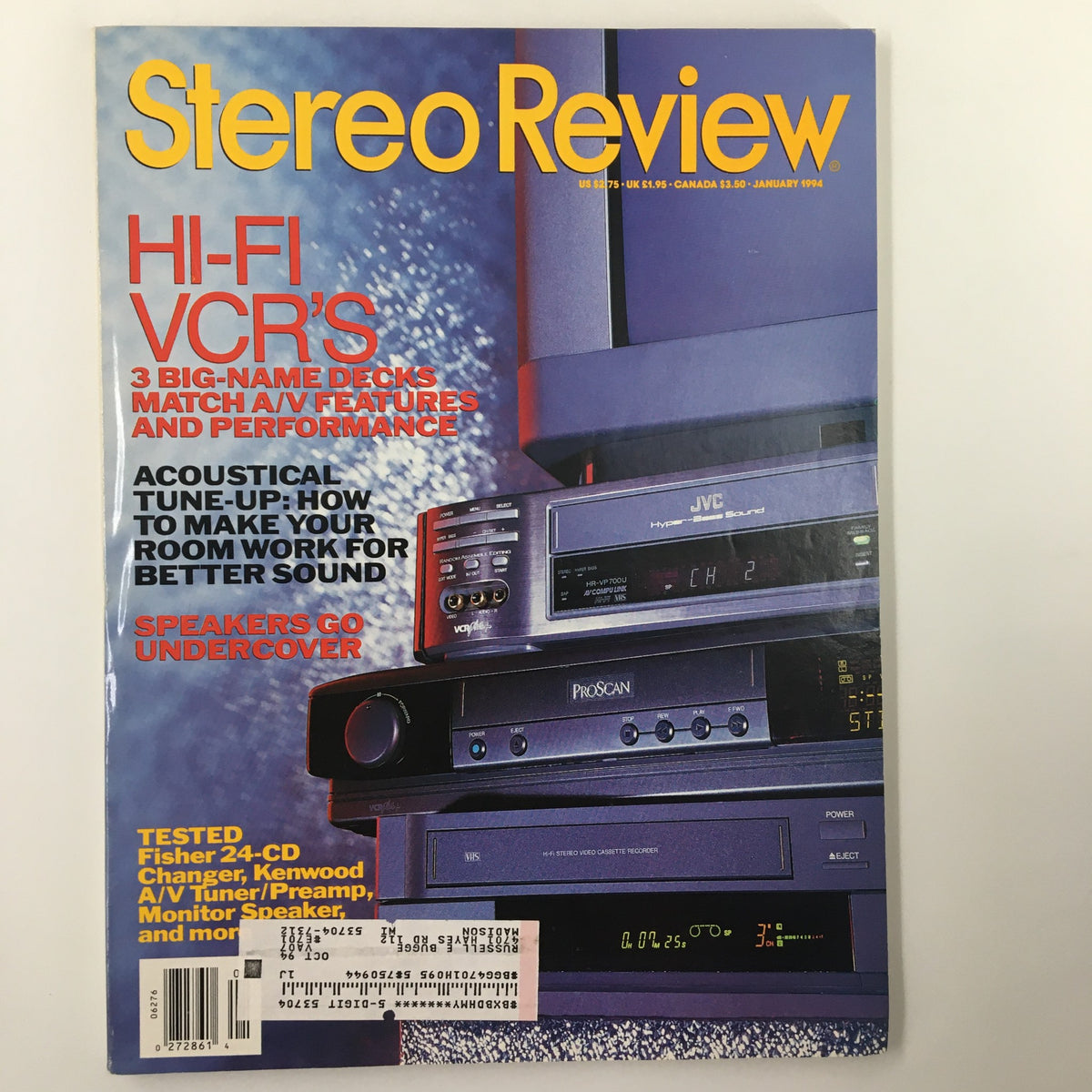 Cover of Stereo Review Magazine January 1994 featuring Fisher 24-CD Changer and Kenwood A/V Tuner.