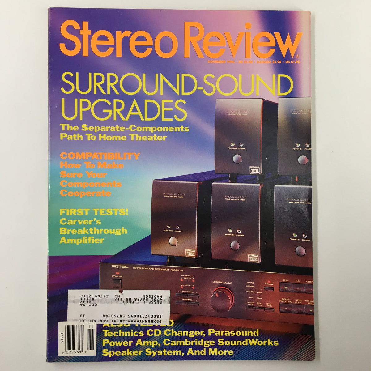 Cover of Stereo Review Magazine, November 1994, featuring the title 'How To Make Sure Your Components Cooperate' with a focus on surround-sound upgrades for audio systems.