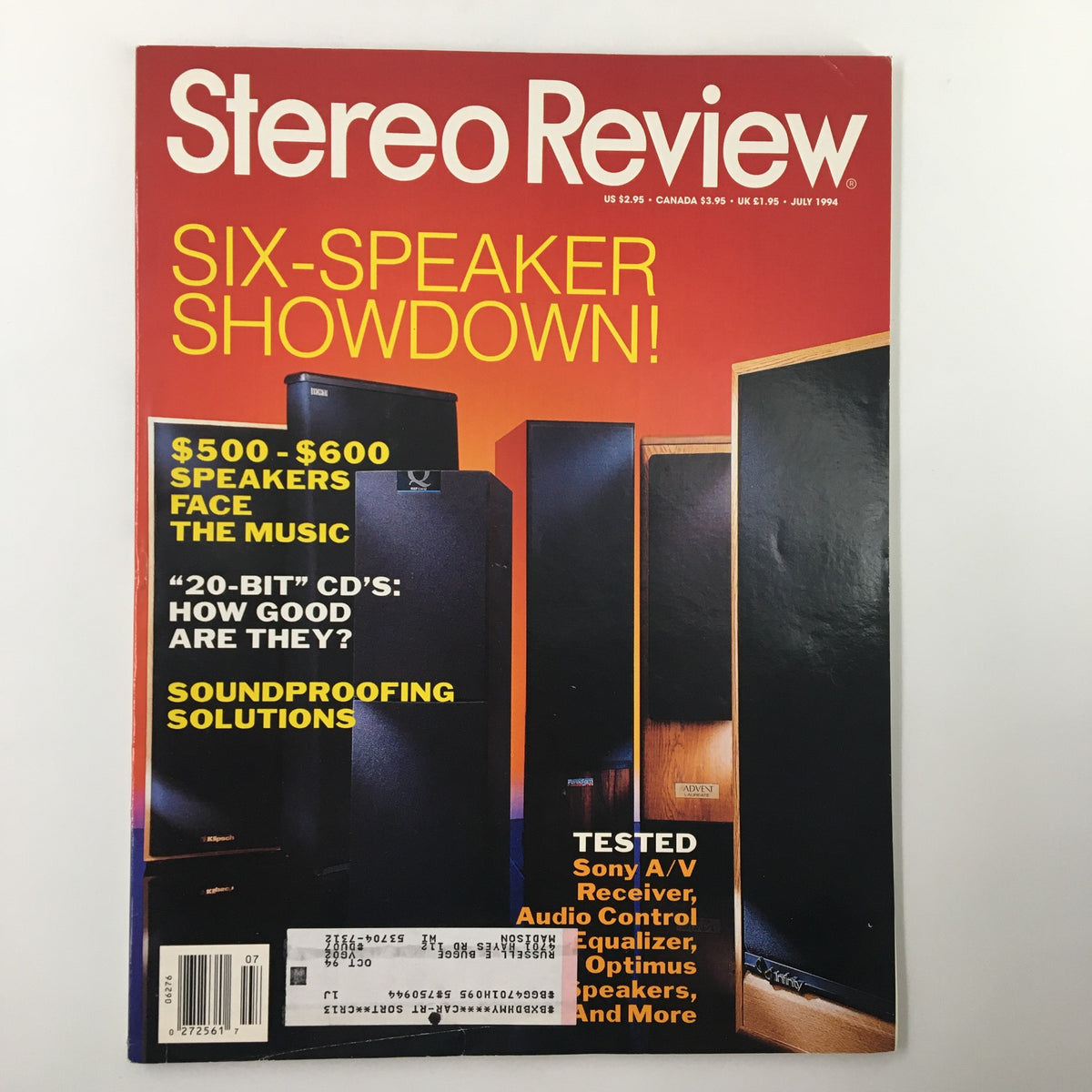 Stereo Review Magazine July 1994 showcasing a vibrant cover with bold text highlighting 'SIX-SPEAKER SHOWDOWN' and a feature on '20-BIT CD's: How Good Are They?'. The image includes various speaker designs emphasizing audio technology.