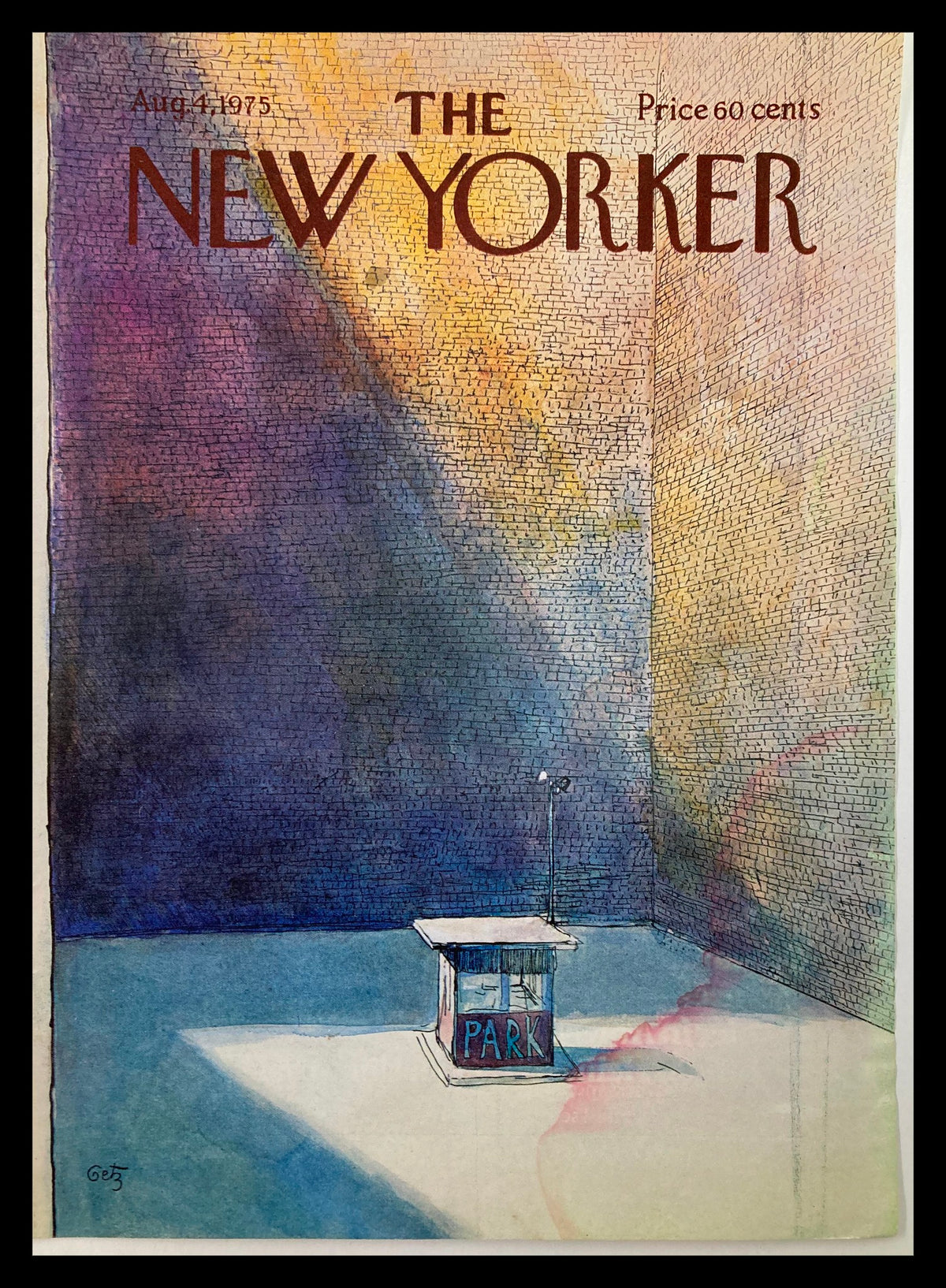 COVER ONLY The New Yorker August 4 1975 The Parking Lot by Arthur Getz, featuring a colorful illustration of a parking booth against a textured wall.