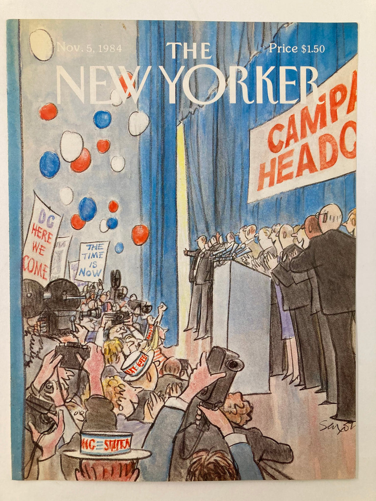 Cover only The New Yorker November 5 1984 titled 'Campaign HQ' by Charles Saxon, showcasing a stage with speakers and an enthusiastic crowd at a political event.