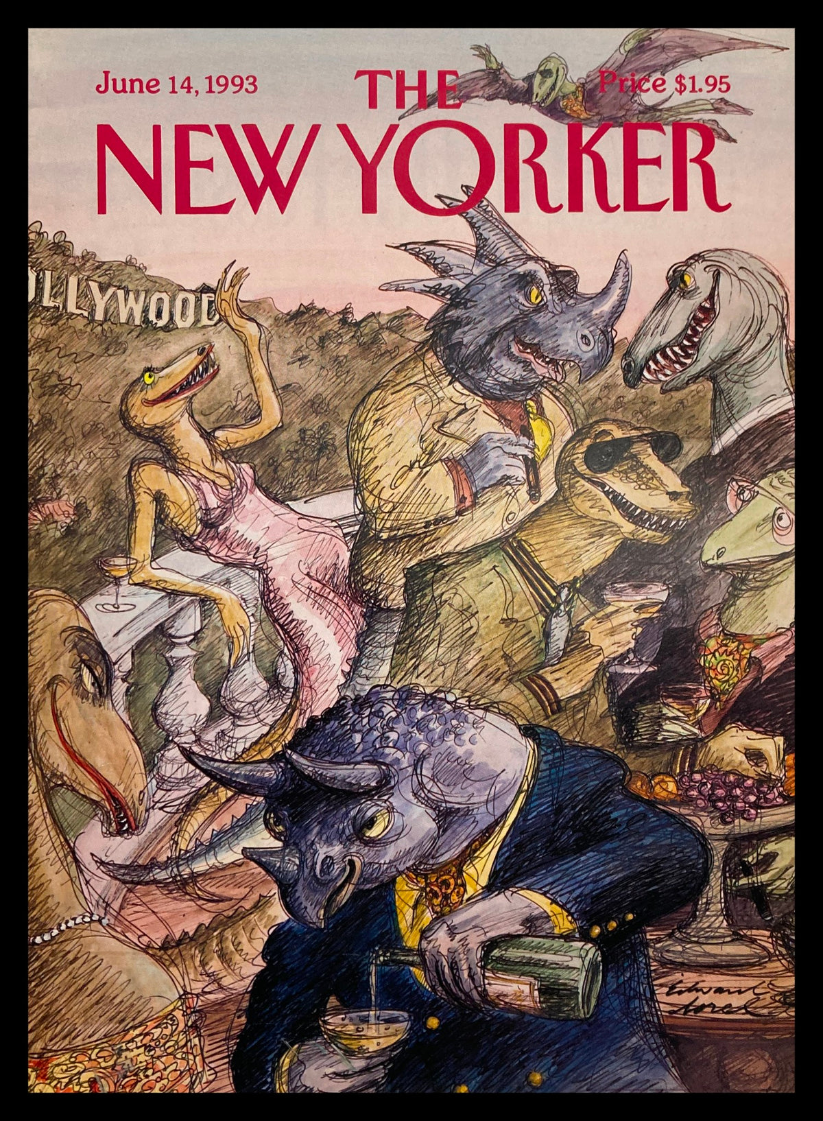 The New Yorker Cover June 14 1993 titled 'Hollywood Monsters' by Ed Sorel featuring whimsical illustrations of dinosaur characters at a Hollywood party.