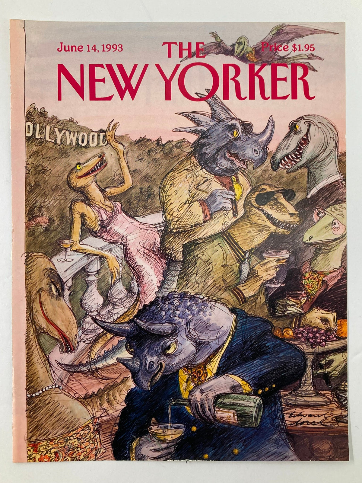 The New Yorker Cover June 14 1993 titled 'Hollywood Monsters' by Ed Sorel showing colorful dinosaur characters in a festive Hollywood setting.