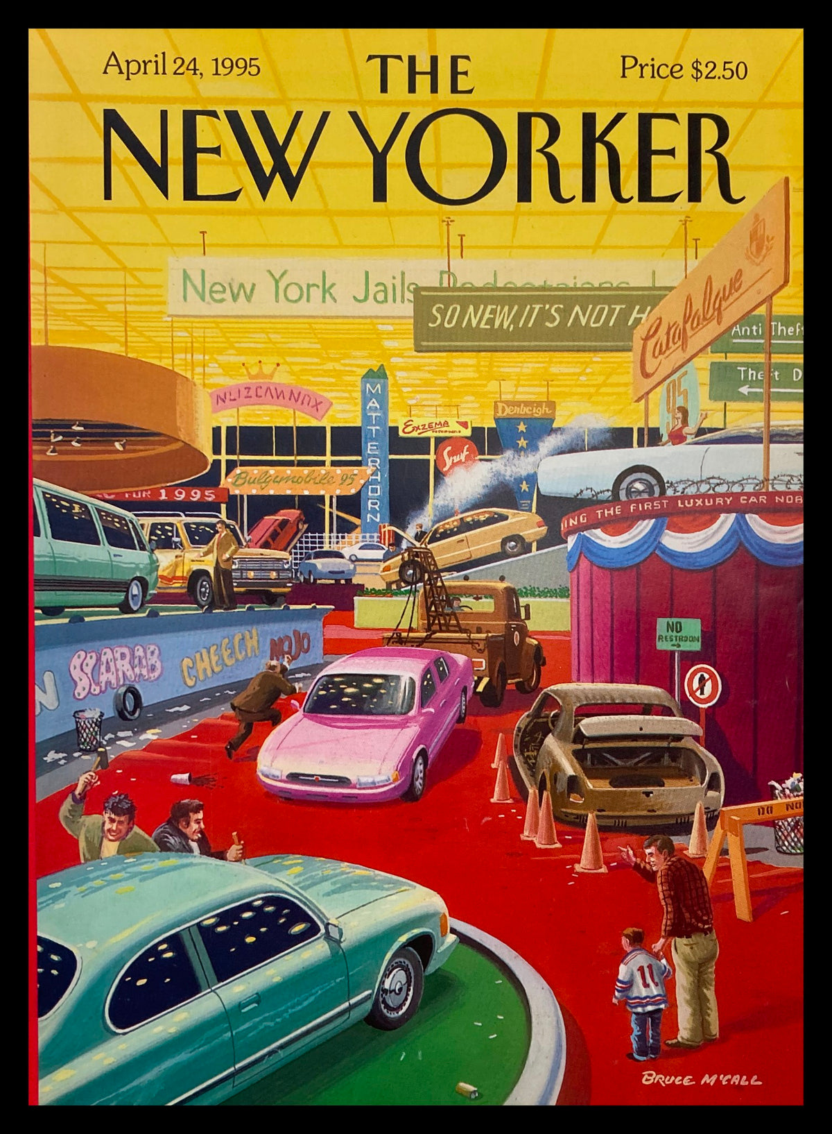 Cover of The New Yorker April 24, 1995 featuring a vibrant illustration by Bruce McCall depicting an automotive exhibition scene with colorful cars and playful characters, capturing the essence of the Auto Show.