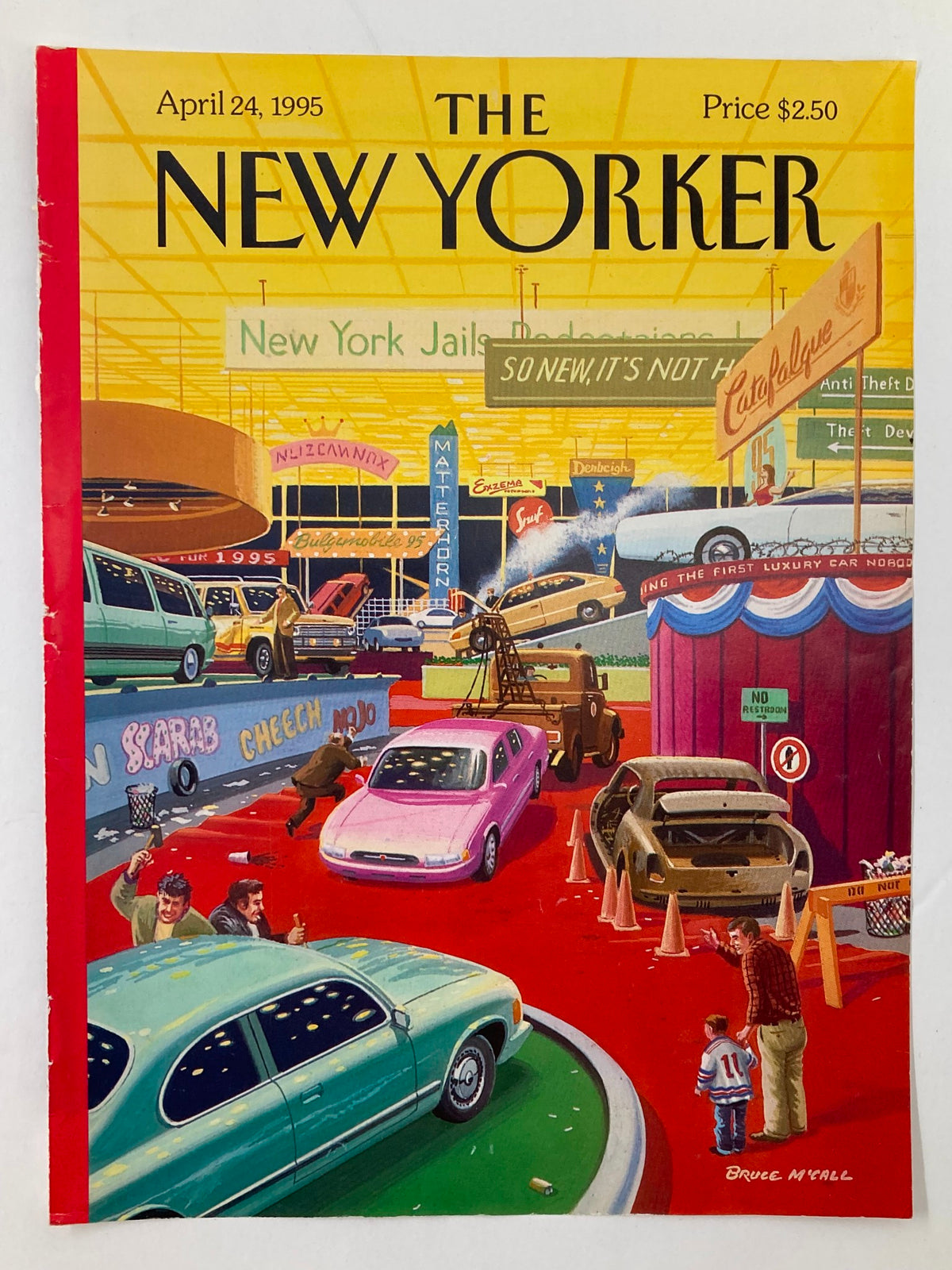 Cover of The New Yorker April 24, 1995 showcasing an iconic illustration by Bruce McCall, portraying a lively Auto Show atmosphere filled with various cars and onlookers, reflecting 90s automotive culture.