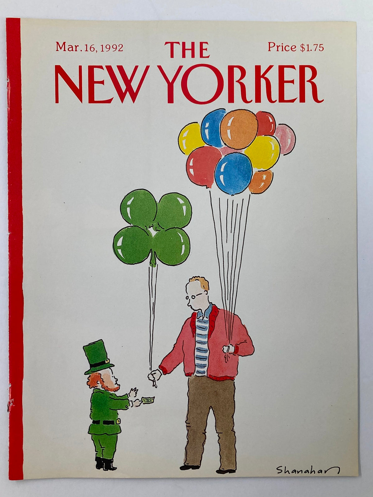 The New Yorker March 16, 1992 St. Patrick's Day cover featuring a playful illustration of a leprechaun handing money to a taller man holding colorful balloons, designed by Danny Shanahan.