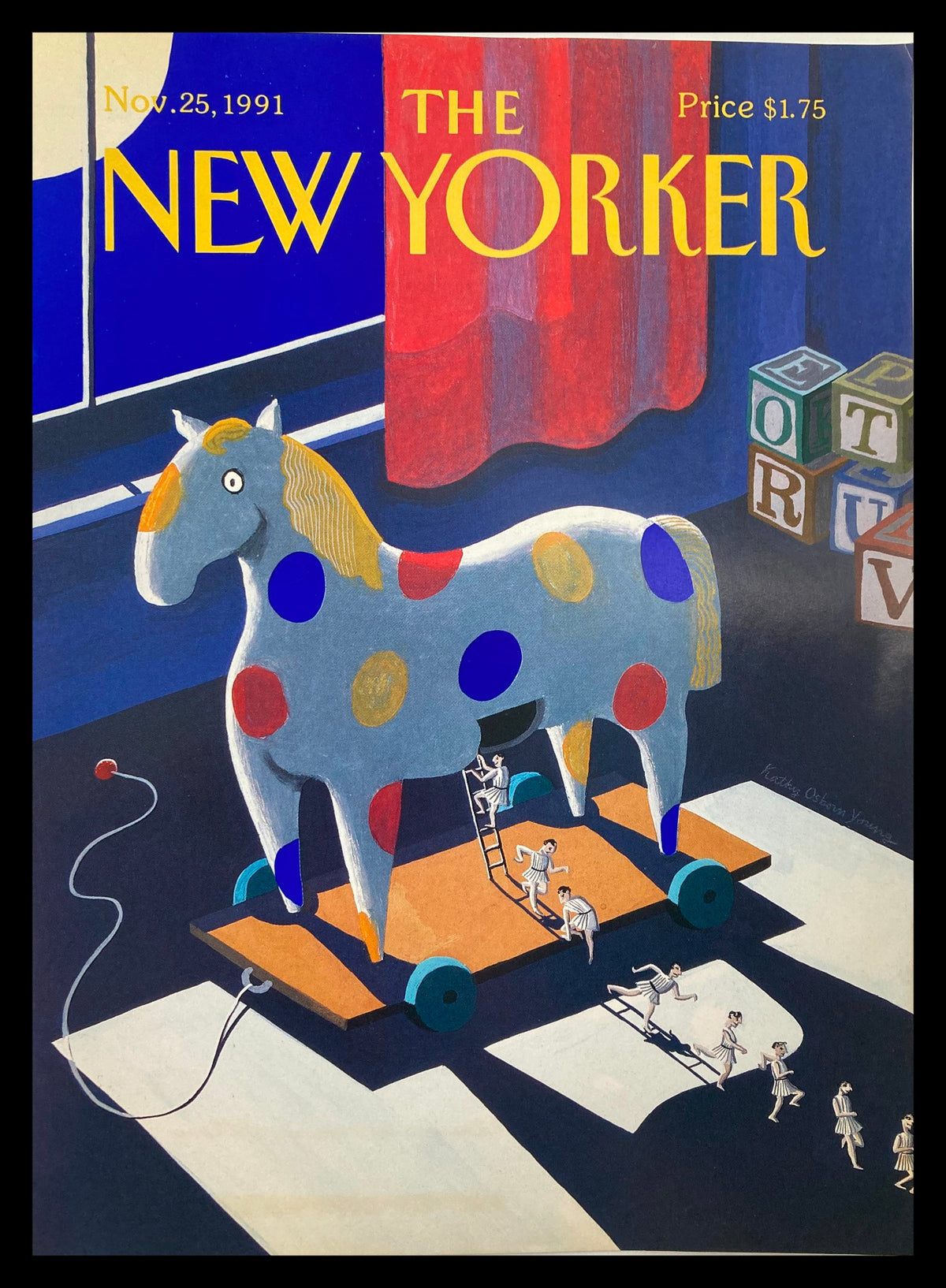 The New Yorker cover from November 25, 1991, featuring a colorful Trojan Horse toy designed by Kathy O. Young, with playful cartoon figures and vibrant background elements.
