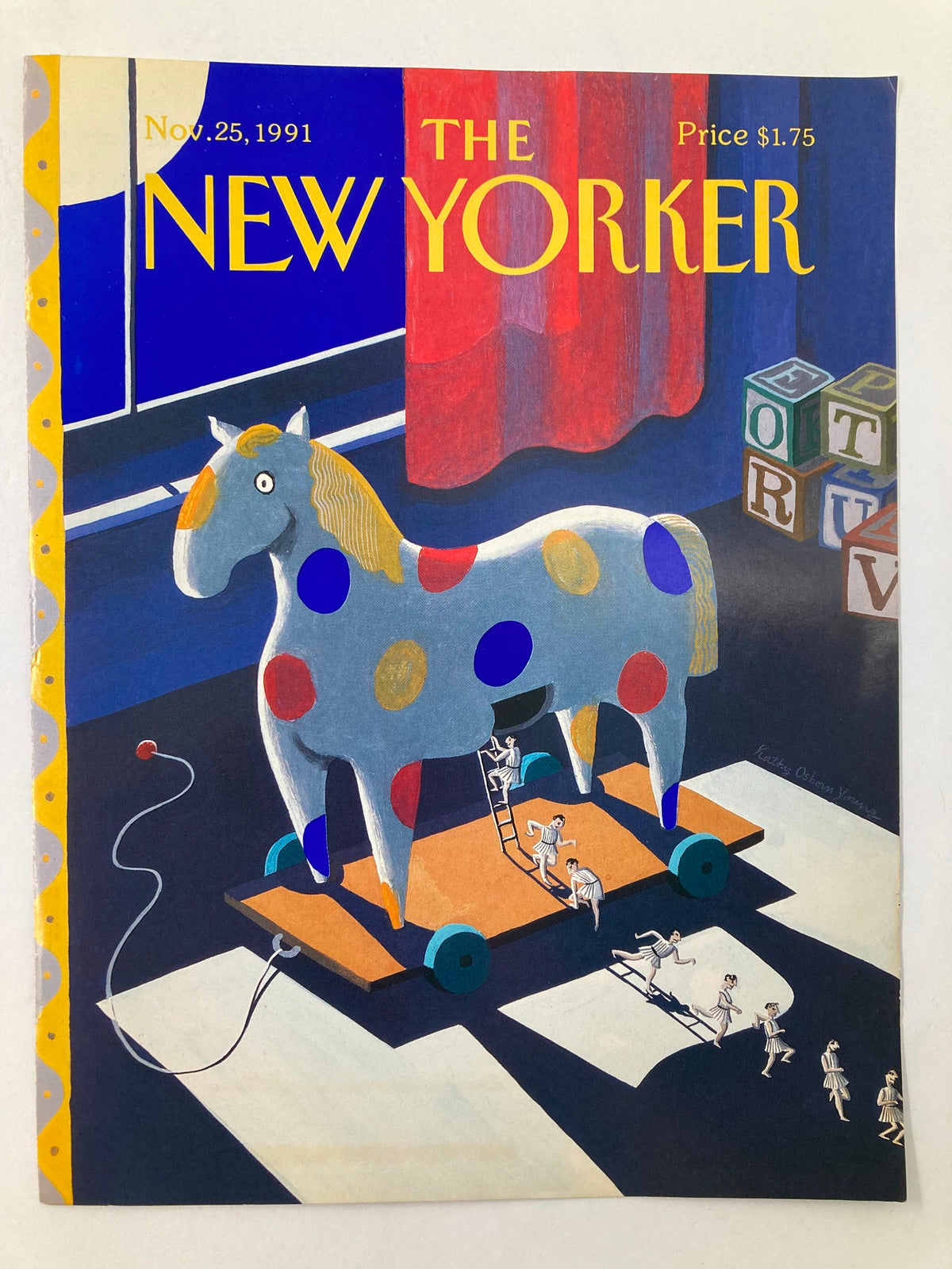 The New Yorker cover dated November 25, 1991, showcasing a whimsical Trojan Horse toy illustrated by Kathy O. Young, complete with lively colors and charming details.