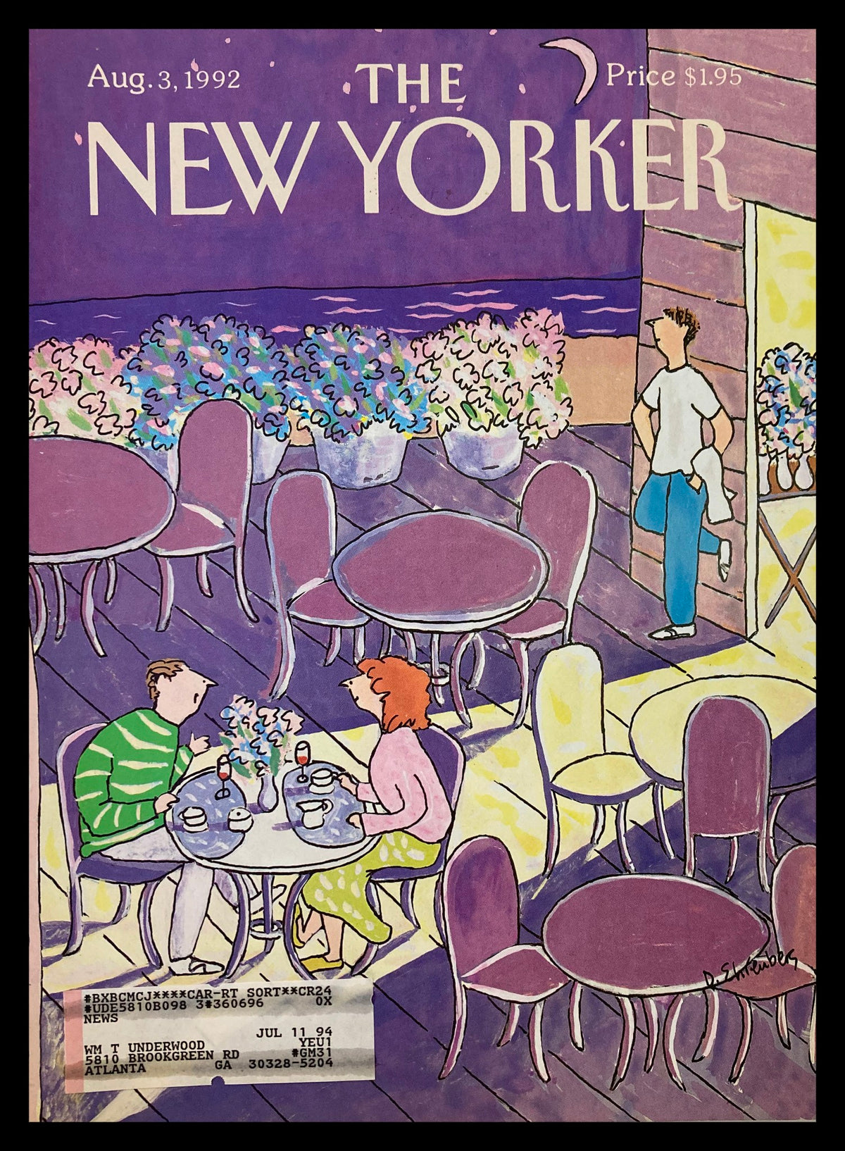 COVER ONLY The New Yorker August 3 1992 A Dinner Date by Devera Ehrenberg, featuring a vibrant outdoor café setting with a couple enjoying a meal and a man walking by, capturing the essence of urban life.