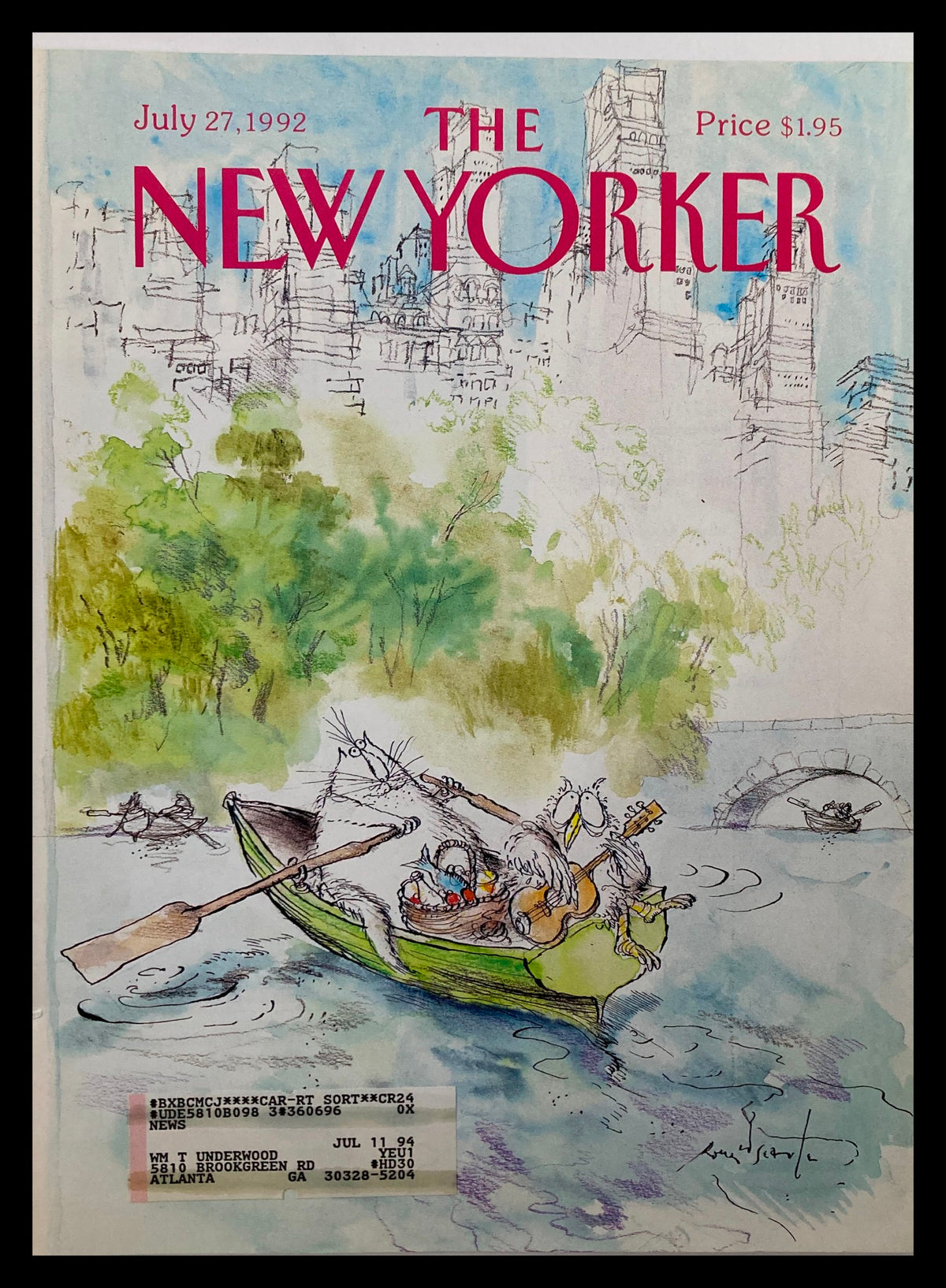 COVER ONLY The New Yorker July 27 1992 featuring a whimsical illustration by Ronald Searle, depicting a cat and an owl in a boat against a backdrop of city skyline and greenery.