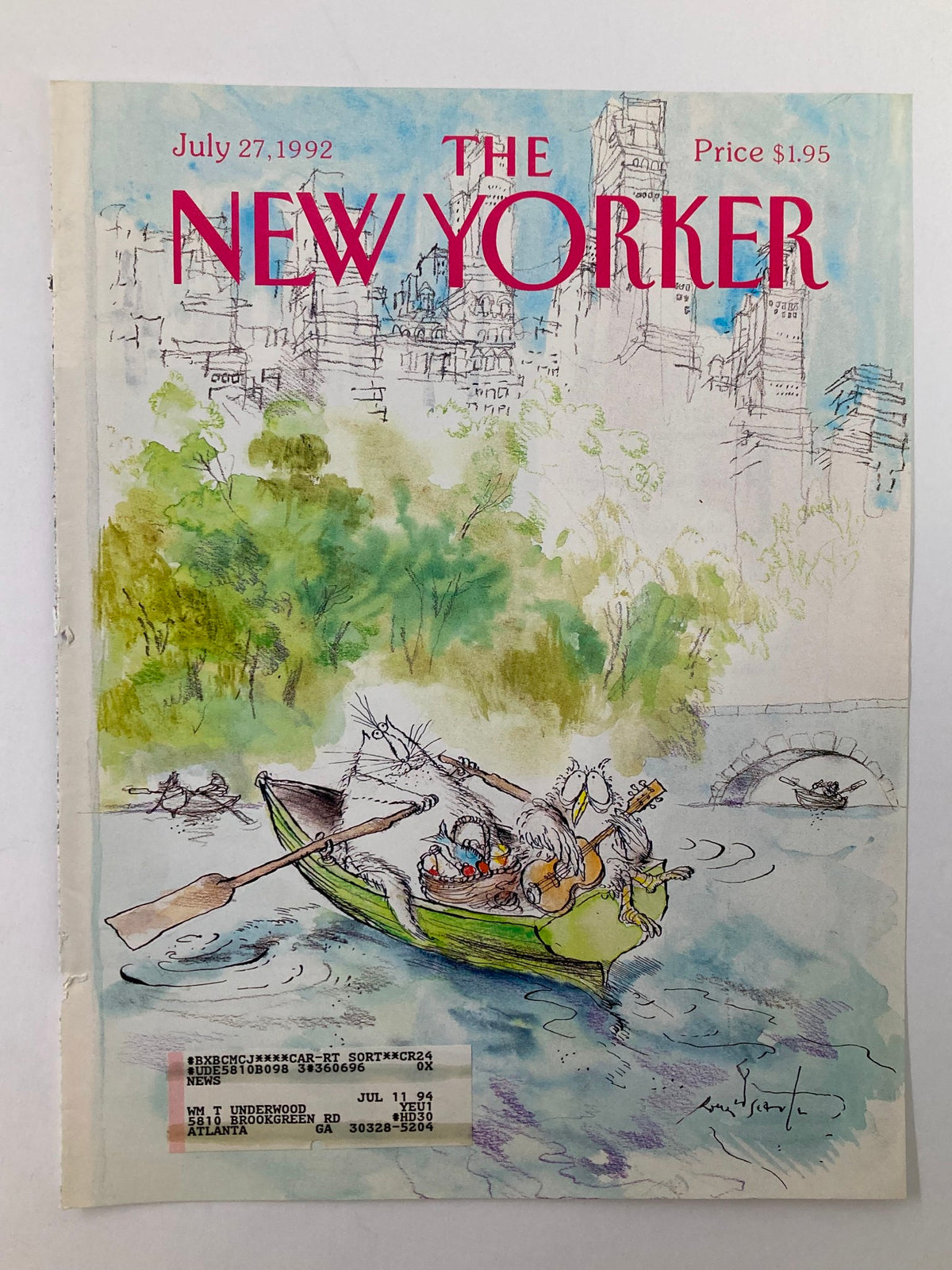 COVER ONLY The New Yorker July 27 1992, showcasing Ronald Searle's artistic design with a cat and an owl in a boat, surrounded by trees and a faint cityscape.