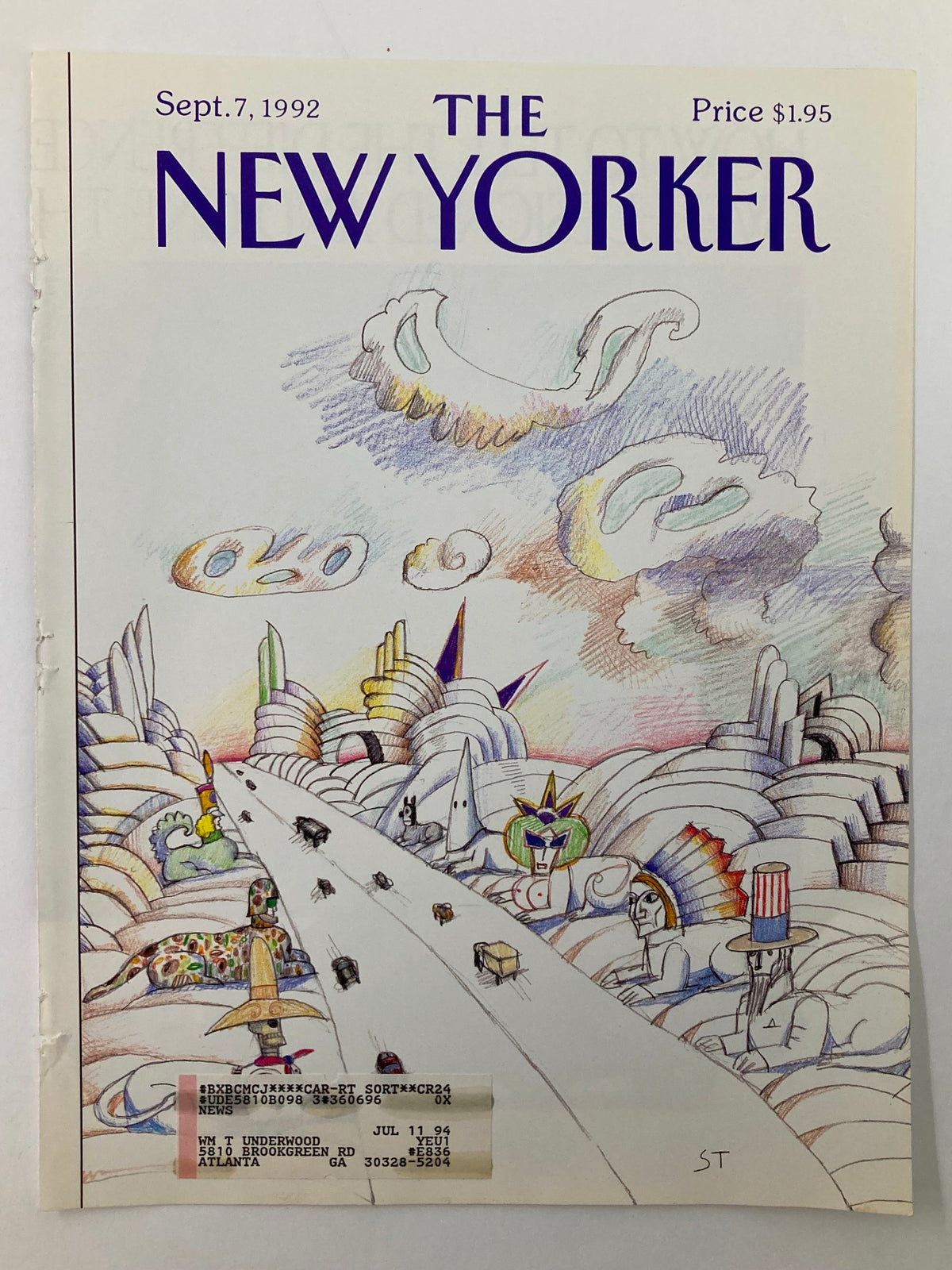 Cover art of The New Yorker magazine from September 7, 1992, titled 'Wonders of World' by Saul Steinberg showcasing colorful, imaginative landscapes and figures.