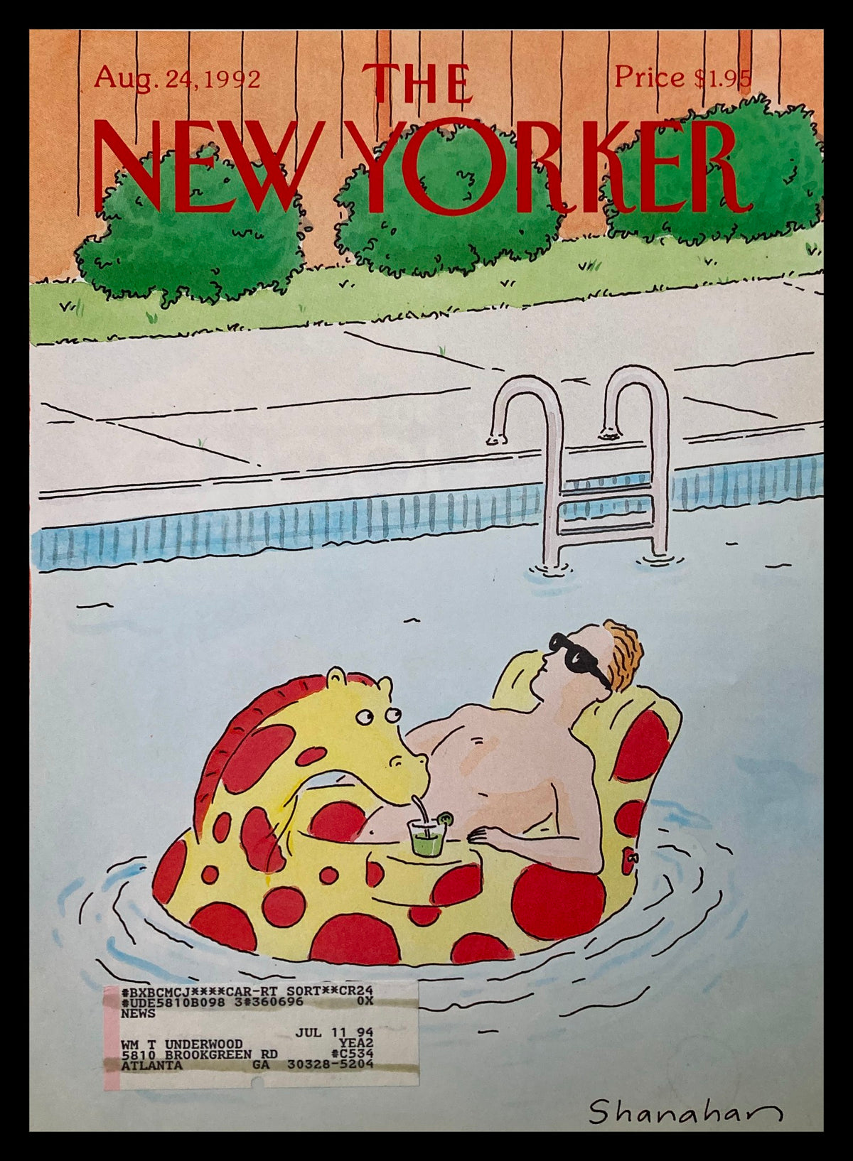 COVER ONLY The New Yorker August 24 1992 Pool Float by Danny Shanahan featuring a man relaxing in a giraffe-shaped pool float with a drink by the poolside.