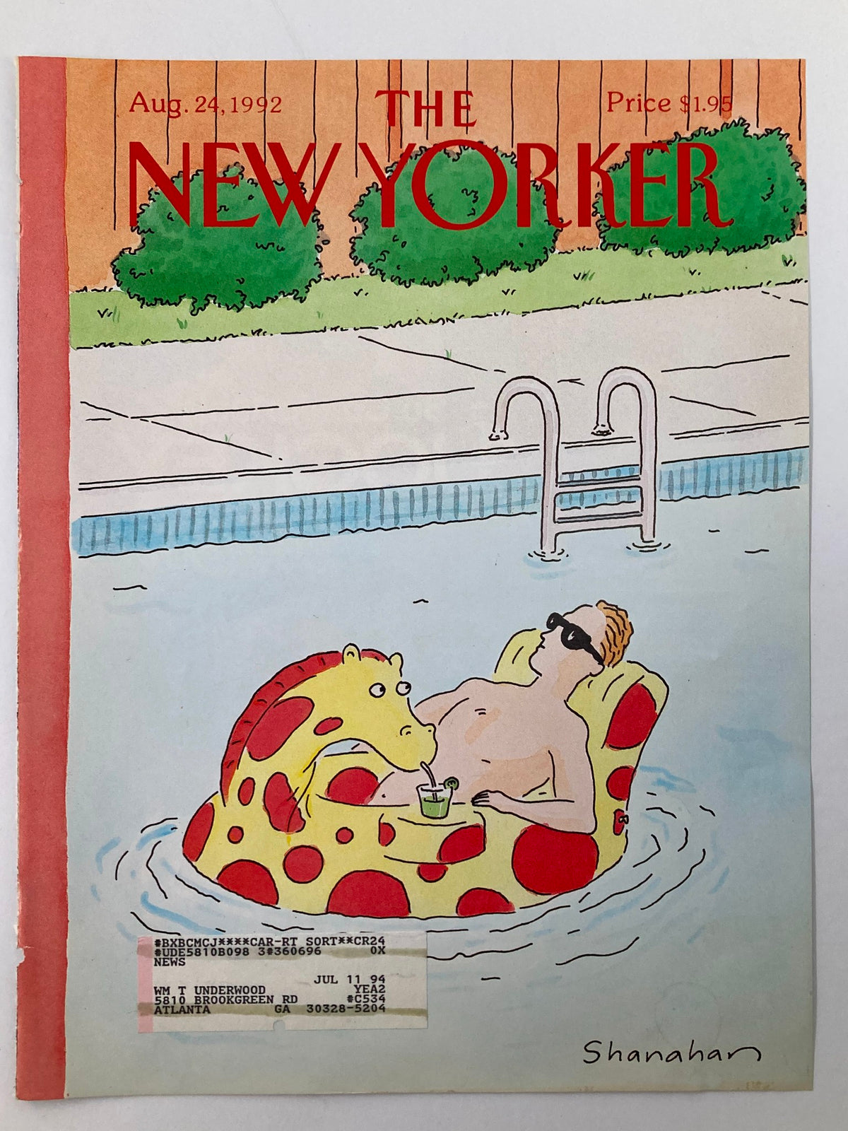 COVER ONLY The New Yorker August 24 1992 Pool Float by Danny Shanahan showcasing a humorous illustration of a man enjoying summer in a giraffe pool float.