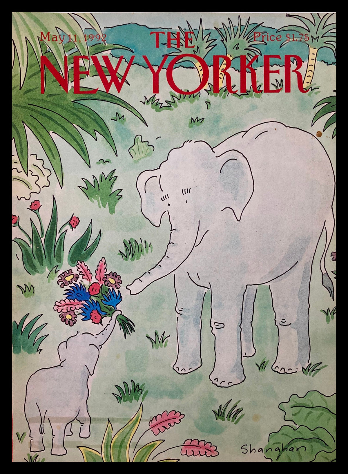 Cover art from The New Yorker dated May 11, 1992, illustrating a touching Mother's Day scene with an adult elephant and baby elephant presenting flowers in a lush, green landscape, created by Danny Shanahan.