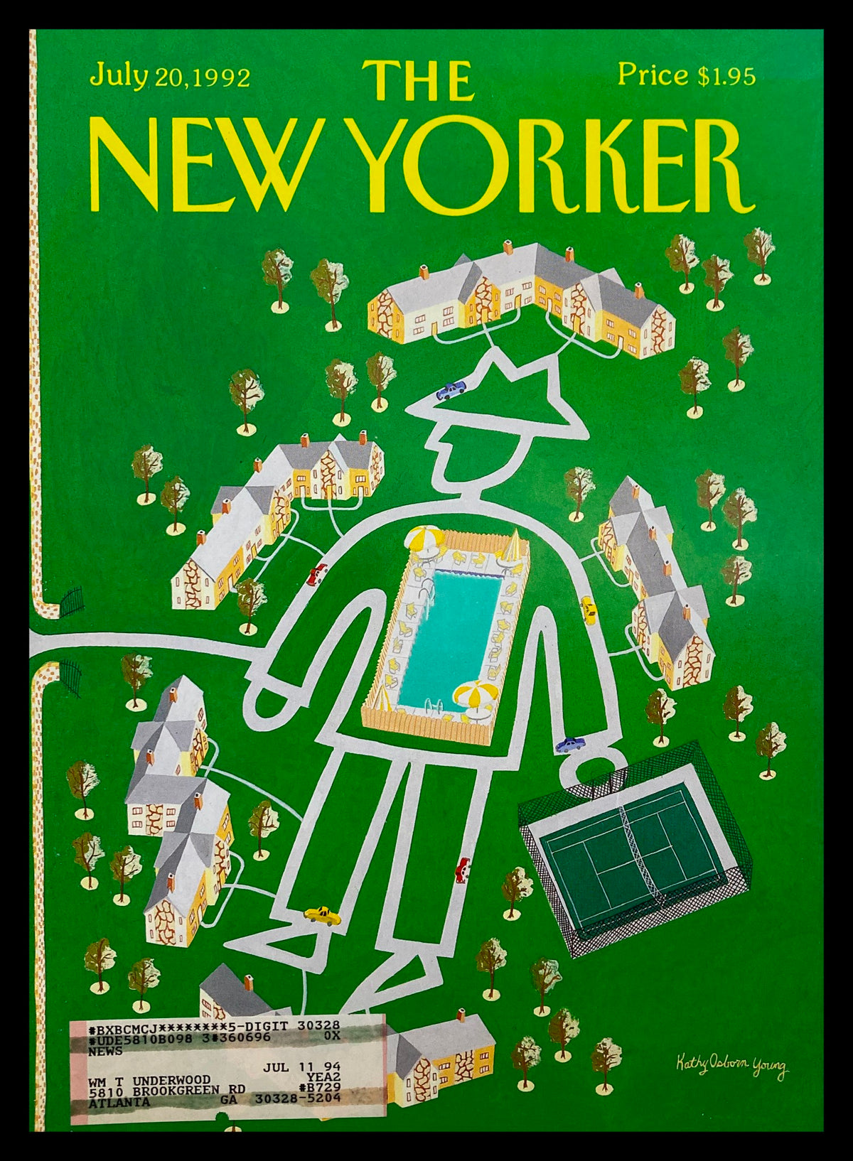 The New Yorker July 20 1992 cover titled 'Human Town' by Kathy Osborn Young, featuring a vibrant green background with an illustration of a large figure surrounded by houses and trees, and elements like a swimming pool and a tennis court.