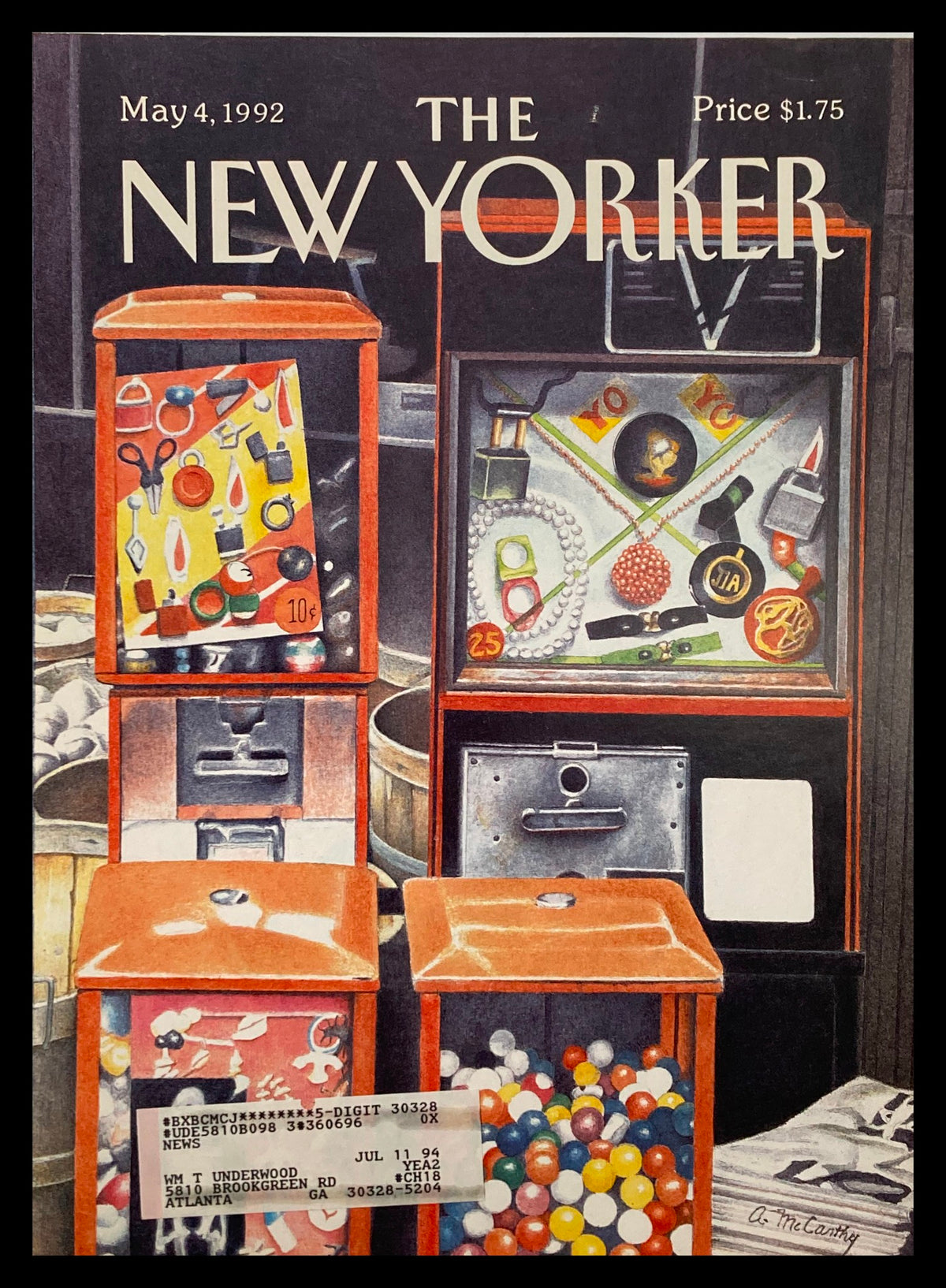 Cover only of The New Yorker, May 4 1992, designed by Ann McCarthy, featuring vintage vending machines with colorful items, including jewelry and gumballs.