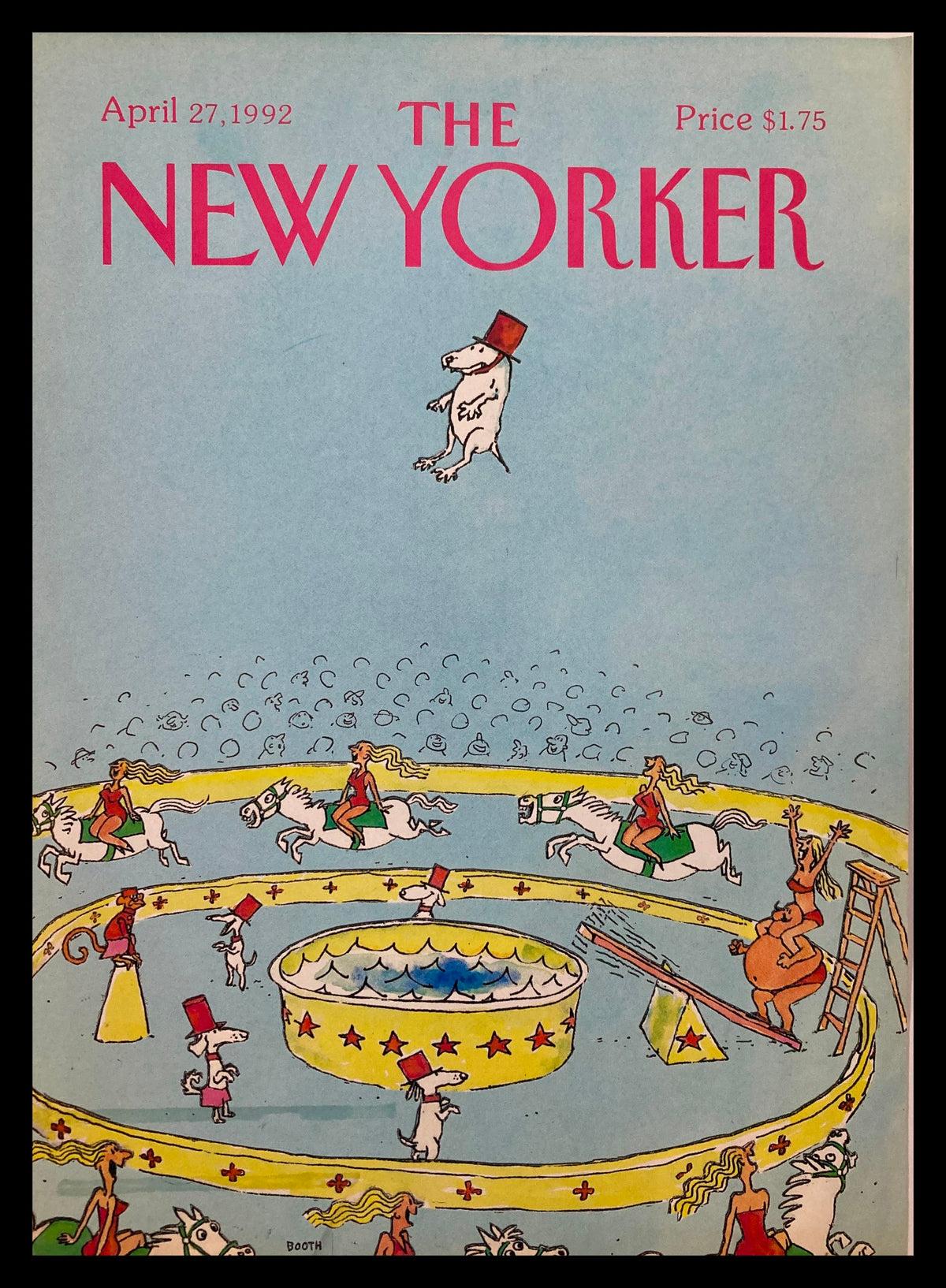 Cover of The New Yorker dated April 27, 1992, featuring an Animal Circus Show illustration by George Booth, showcasing whimsical circus scenes with animals and performers.
