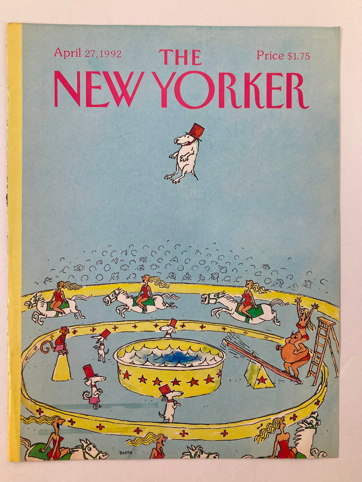 Another view of The New Yorker cover from April 27, 1992, displaying George Booth's Animal Circus Show artwork, including playful circus animals and vibrant colors.