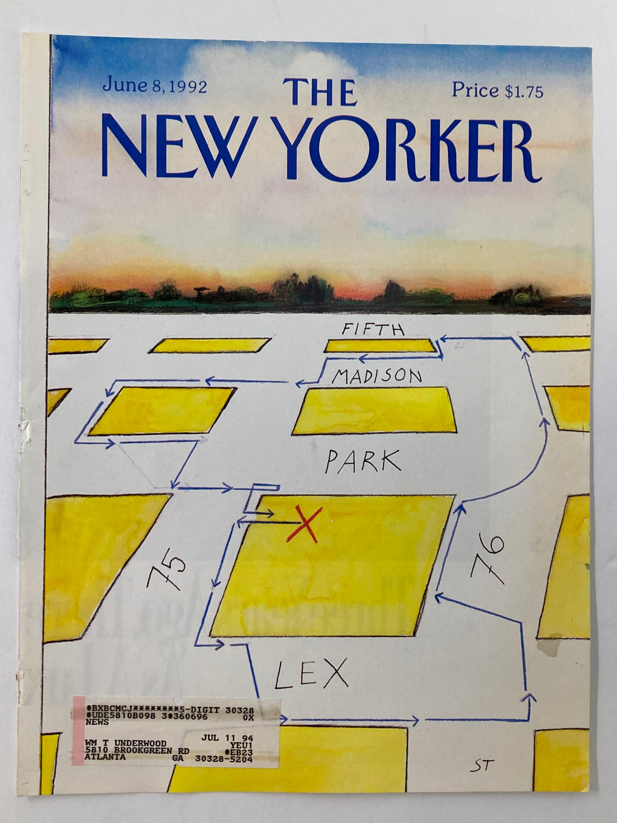 Cover of The New Yorker from June 8, 1992, illustrated by Saul Steinberg, showcasing a map-like depiction of New York streets, highlighting areas like Fifth, Madison, Park, and Lex with an artistic flair.