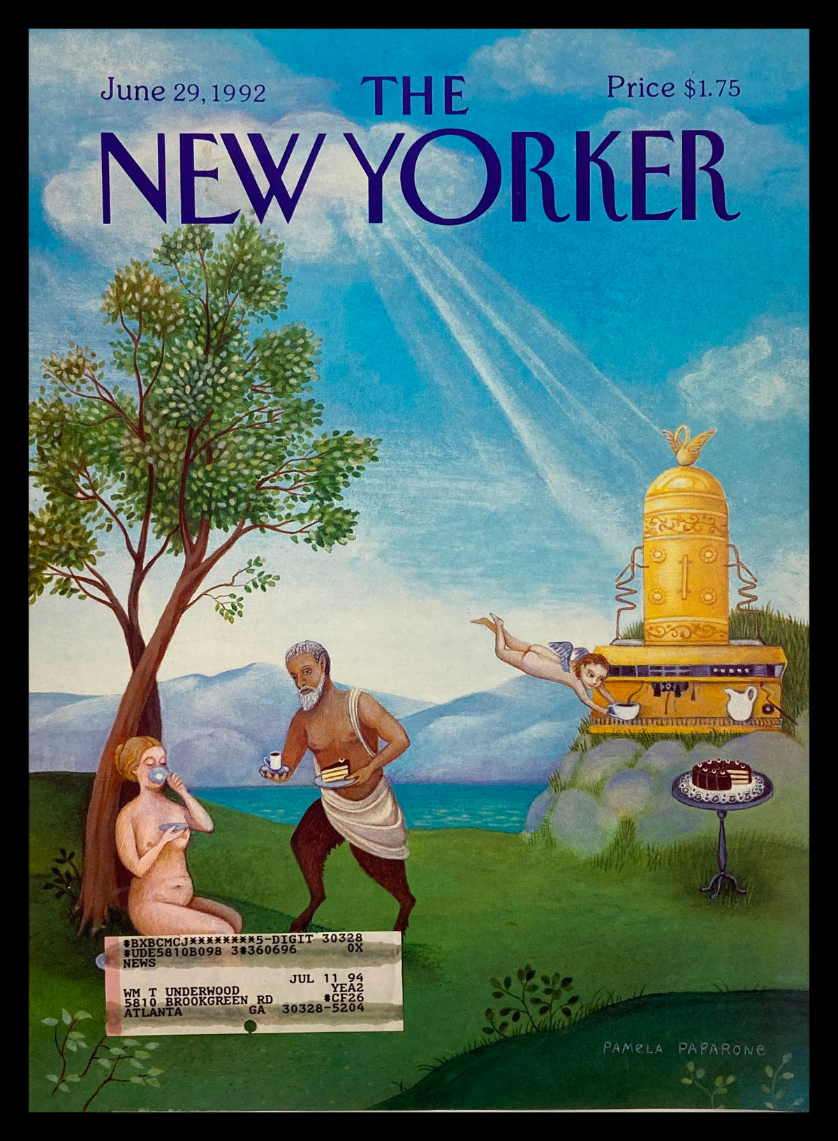 COVER ONLY The New Yorker June 29 1992 Adam and Eve by Pamela Paparone featuring whimsical illustration of Adam and Eve, a tree, and a golden structure against a vibrant sky.