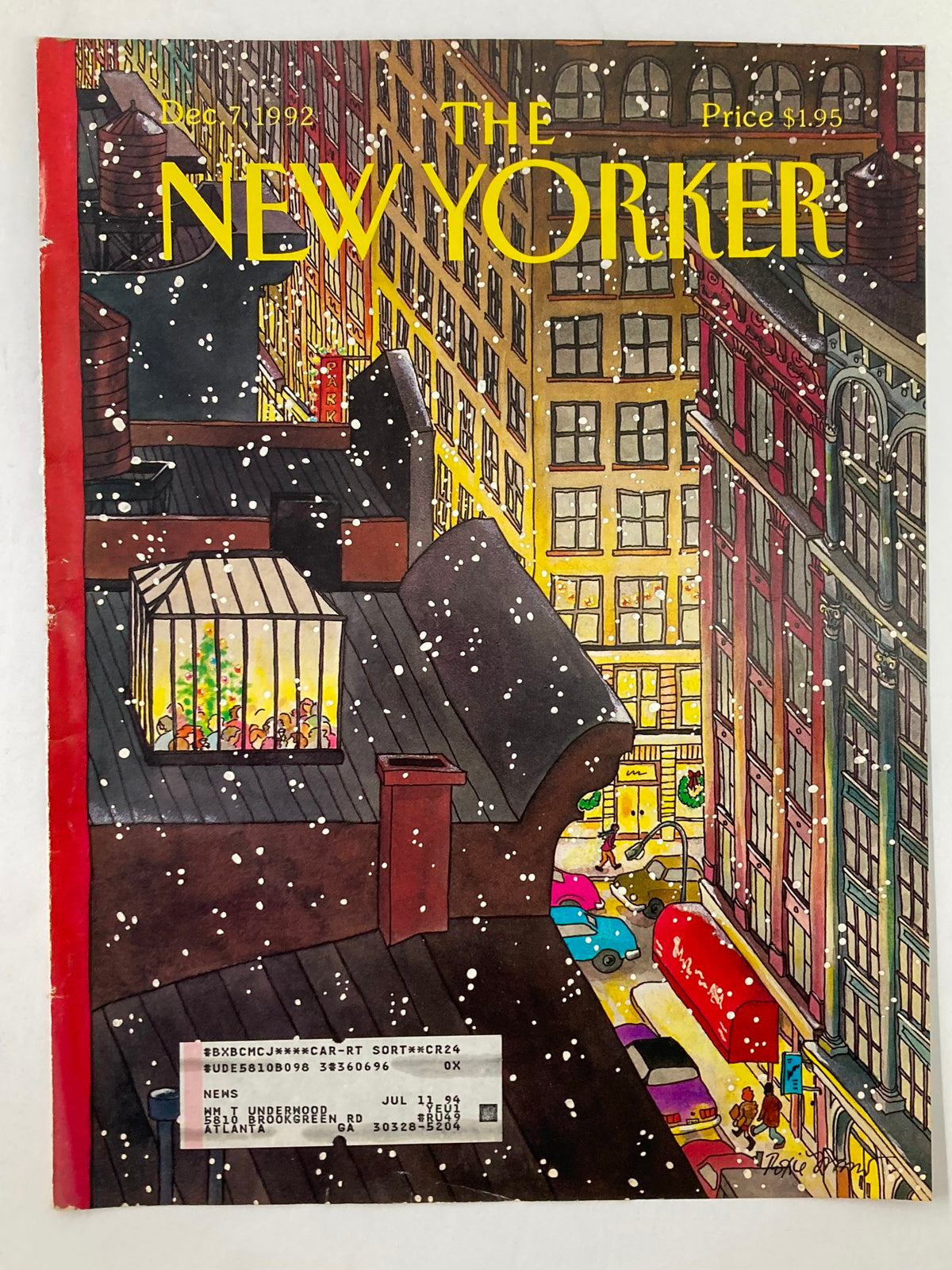 Cover of The New Yorker, December 7, 1992, featuring 'Snowy Night' by Roxie Munro, depicting a wintery urban landscape with snow falling over colorful cars and lively street activity.