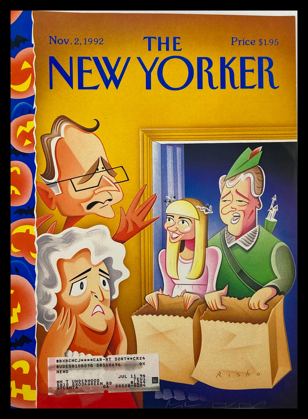 Cover art of The New Yorker from November 2, 1992, featuring whimsical puppets illustrated by Robert Risko, portraying lively characters amidst a backdrop of Halloween-themed decorations.