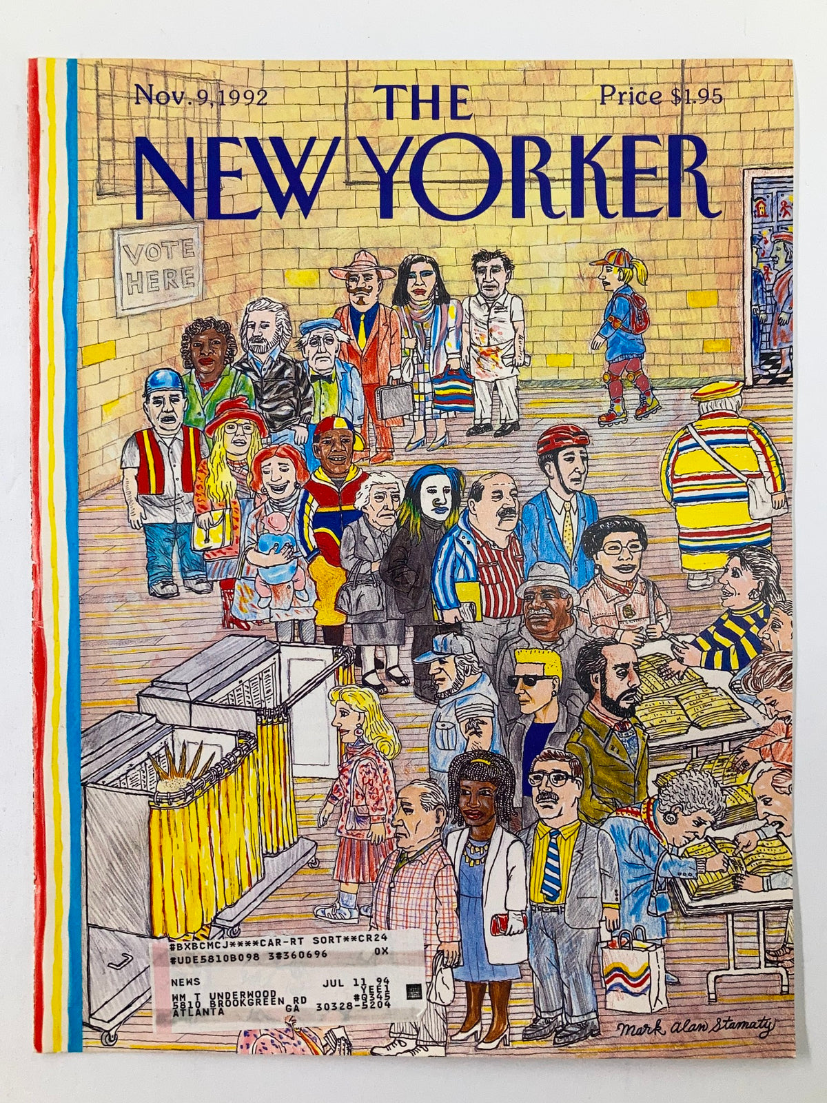 The New Yorker cover dated November 9, 1992, titled 'Vote Here' by Mark Allan Stamaty, showcasing a vibrant depiction of individuals engaged in the voting process.