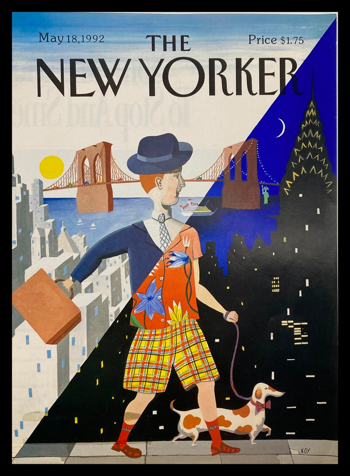 Cover of The New Yorker dated May 18, 1992, titled 'Business with Pleasure' by Kathy O Young, featuring an artistic depiction of a man in dual attire, with the Brooklyn Bridge in the background.