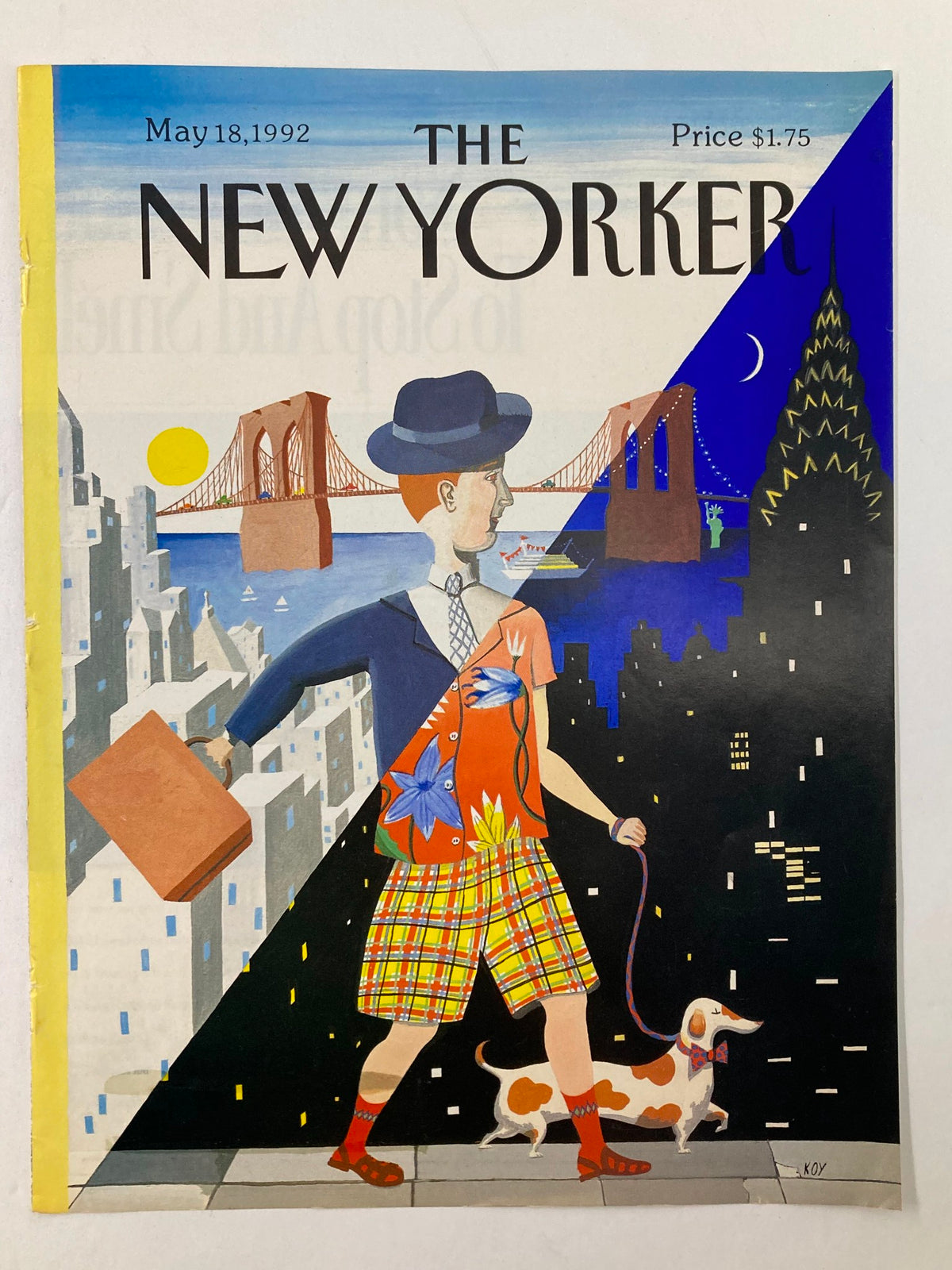 Vintage cover of The New Yorker from May 18, 1992, entitled 'Business with Pleasure' by Kathy O Young, showcasing a colorful illustration of a man transitioning between the cityscape and nighttime, holding a dog's leash.