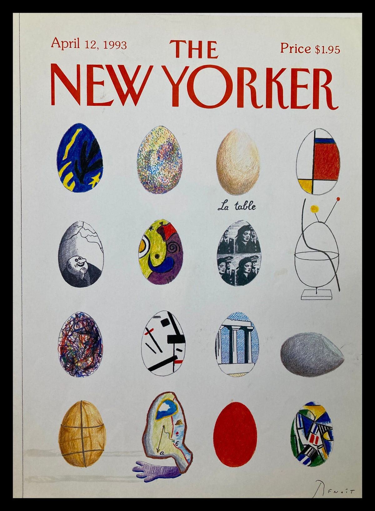 Cover of The New Yorker April 12, 1993 titled 'Shell Games' by Benoit van Innis, featuring colorful illustrations of eggs with various artistic designs.