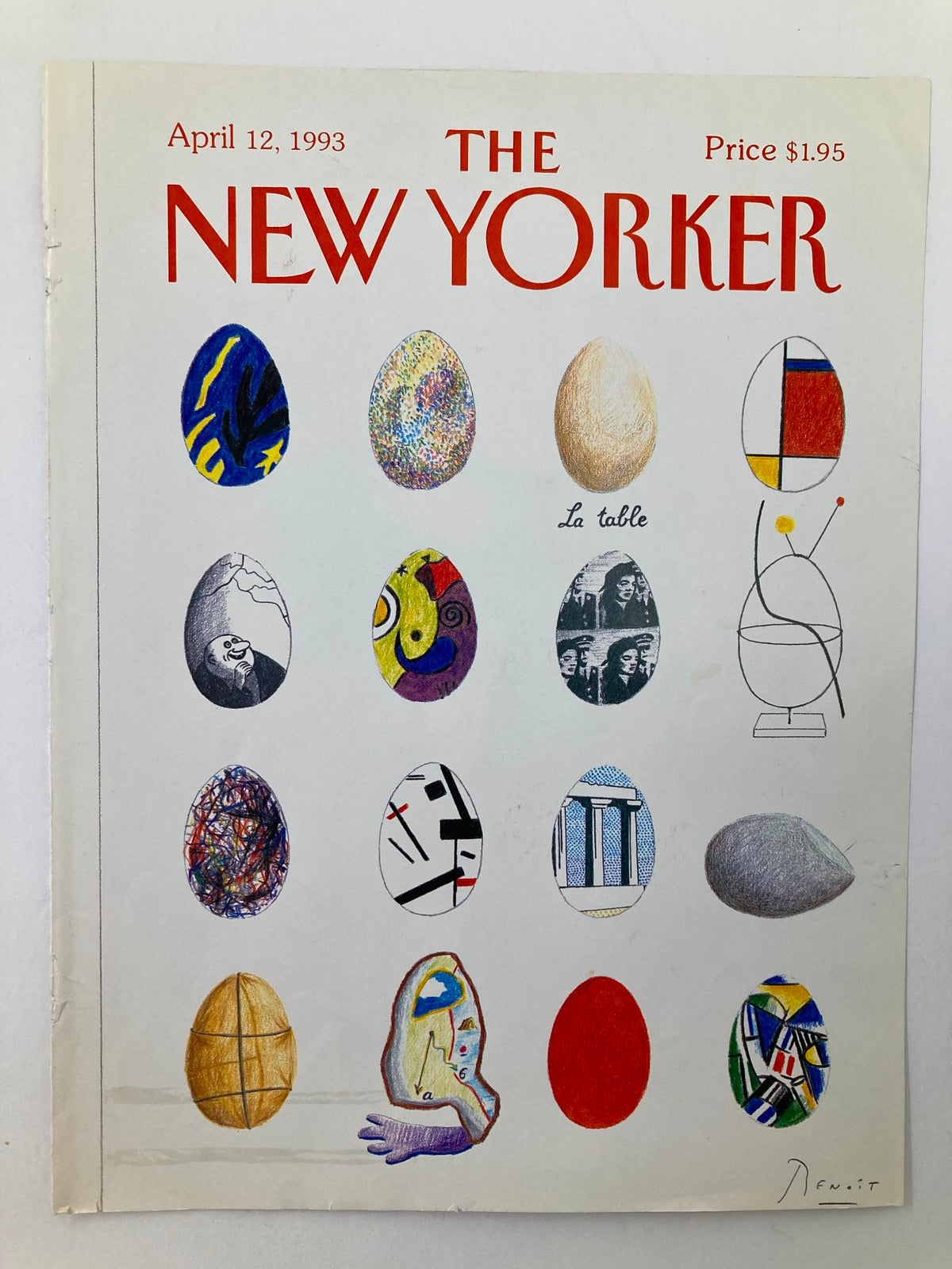 Cover of The New Yorker April 12, 1993 titled 'Shell Games' by Benoit van Innis, displaying a collection of artistically decorated eggs against a light background.