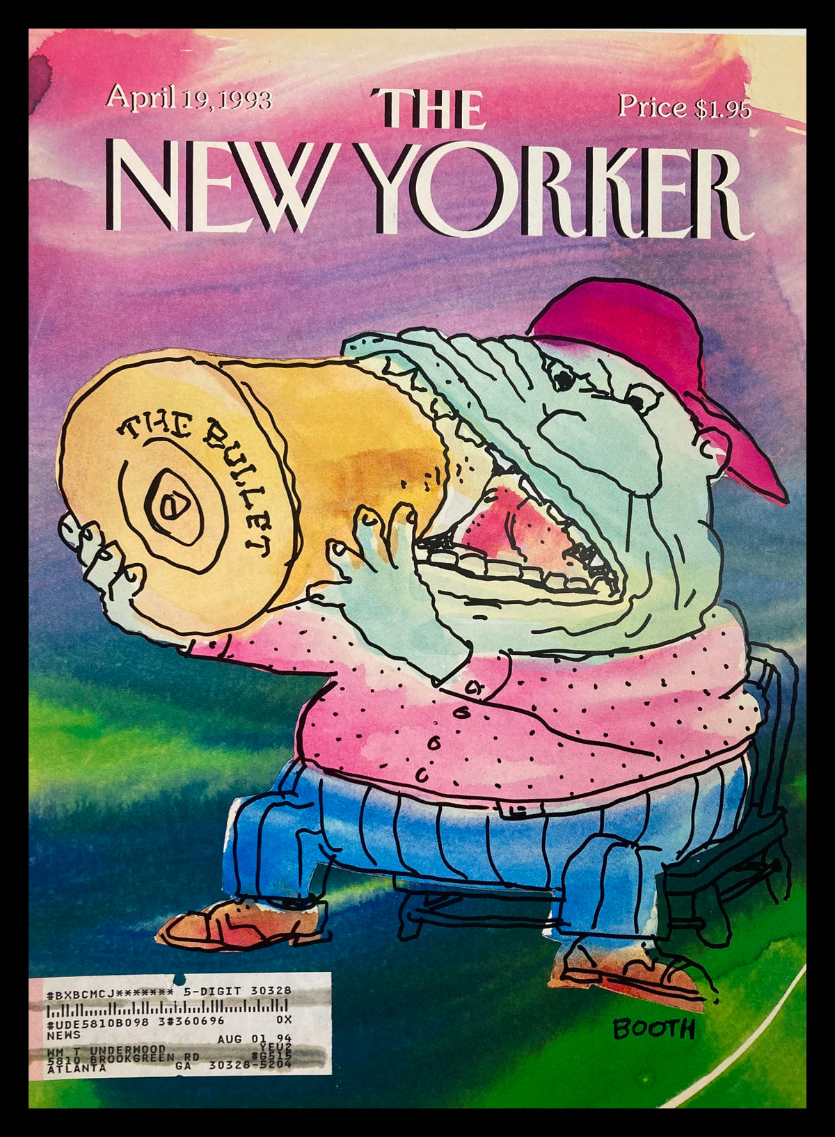 COVER ONLY The New Yorker April 19 1993 featuring artwork 'Biting the Bullet' by George Booth, showcasing a whimsical illustration of a character holding a large bullet.