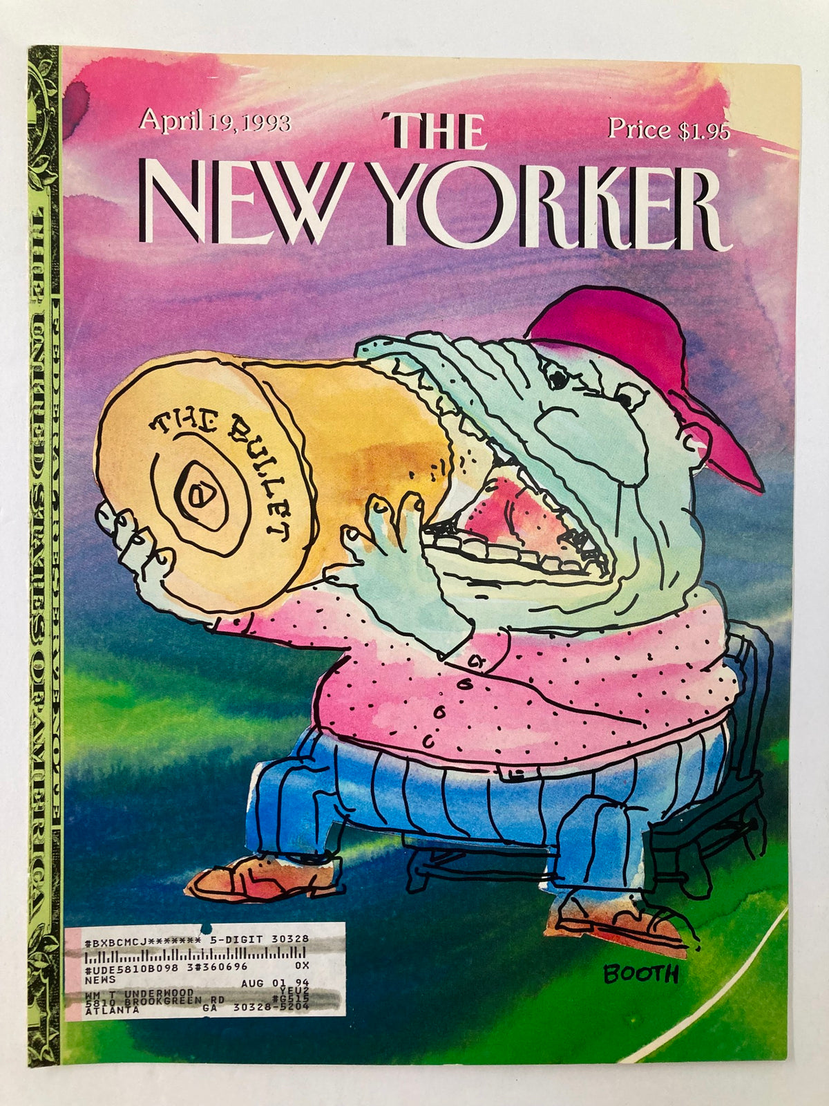 COVER ONLY The New Yorker April 19 1993, highlighting the 'Biting the Bullet' artwork by George Booth, depicting a humorous figure with a bullet in hand, vibrant colors and iconic design.