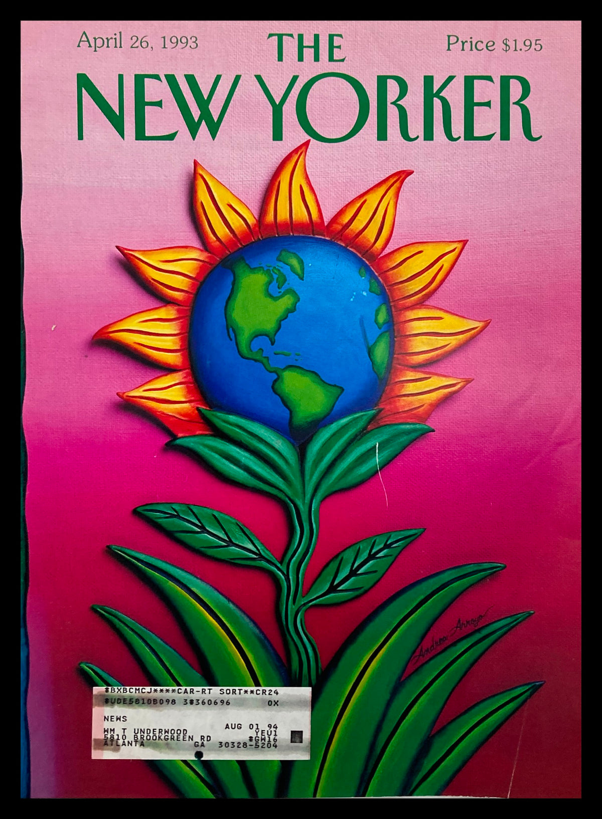 COVER ONLY The New Yorker April 26 1993 Earth Day by Andrea Arroyo featuring a vibrant illustration of a sunflower with the Earth as its center against a pink background.