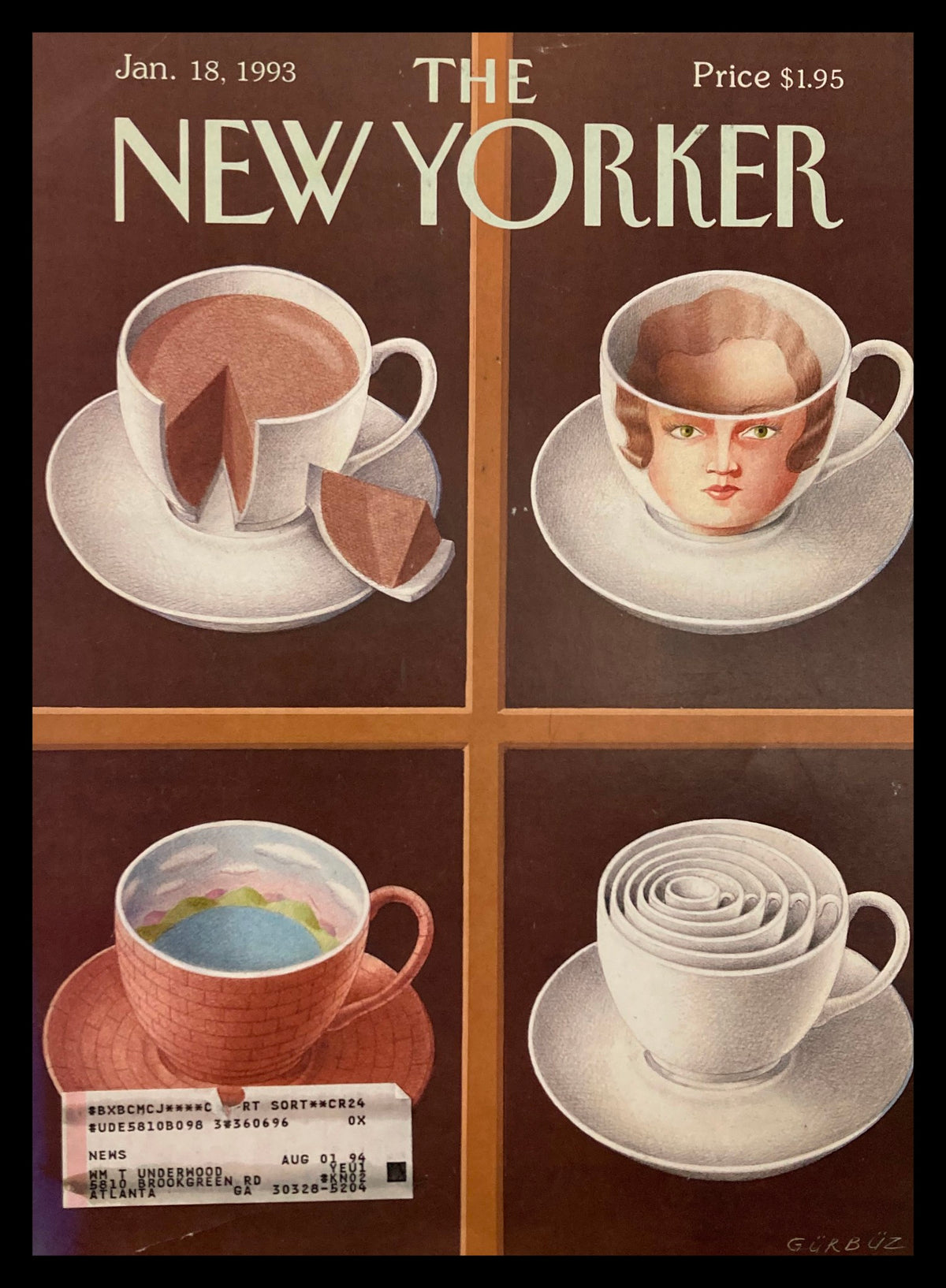 Cover of The New Yorker January 18 1993 featuring whimsical teacup cakes illustration by Gürbüz Doğan Ekşioğlu, showcasing various artistic teacups with intricate designs.