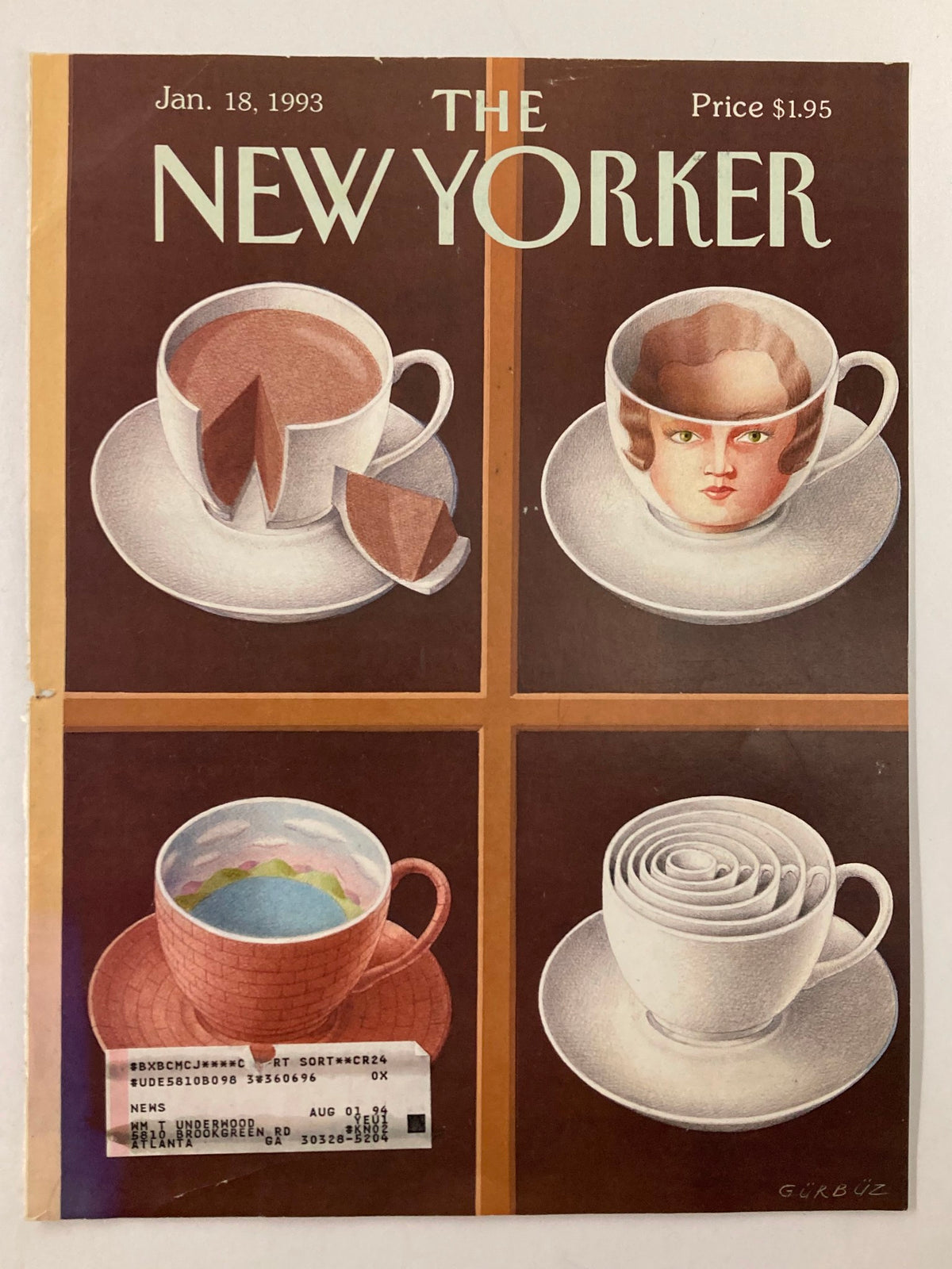 Cover of The New Yorker January 18 1993 illustrating teacup cakes by Gürbüz Doğan Ekşioğlu, displaying vintage-style teacups and a unique artistic composition.
