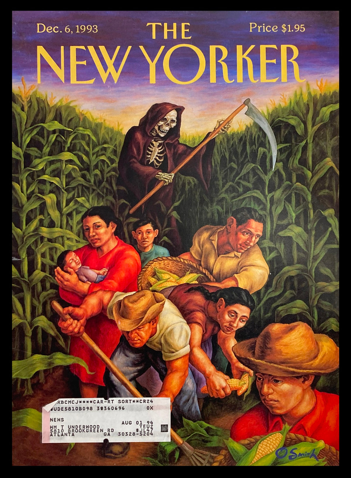 Cover of The New Yorker dated December 6, 1993, illustrating a vivid scene with a skeletal figure and farmers in a cornfield, artwork by Owen Smith.