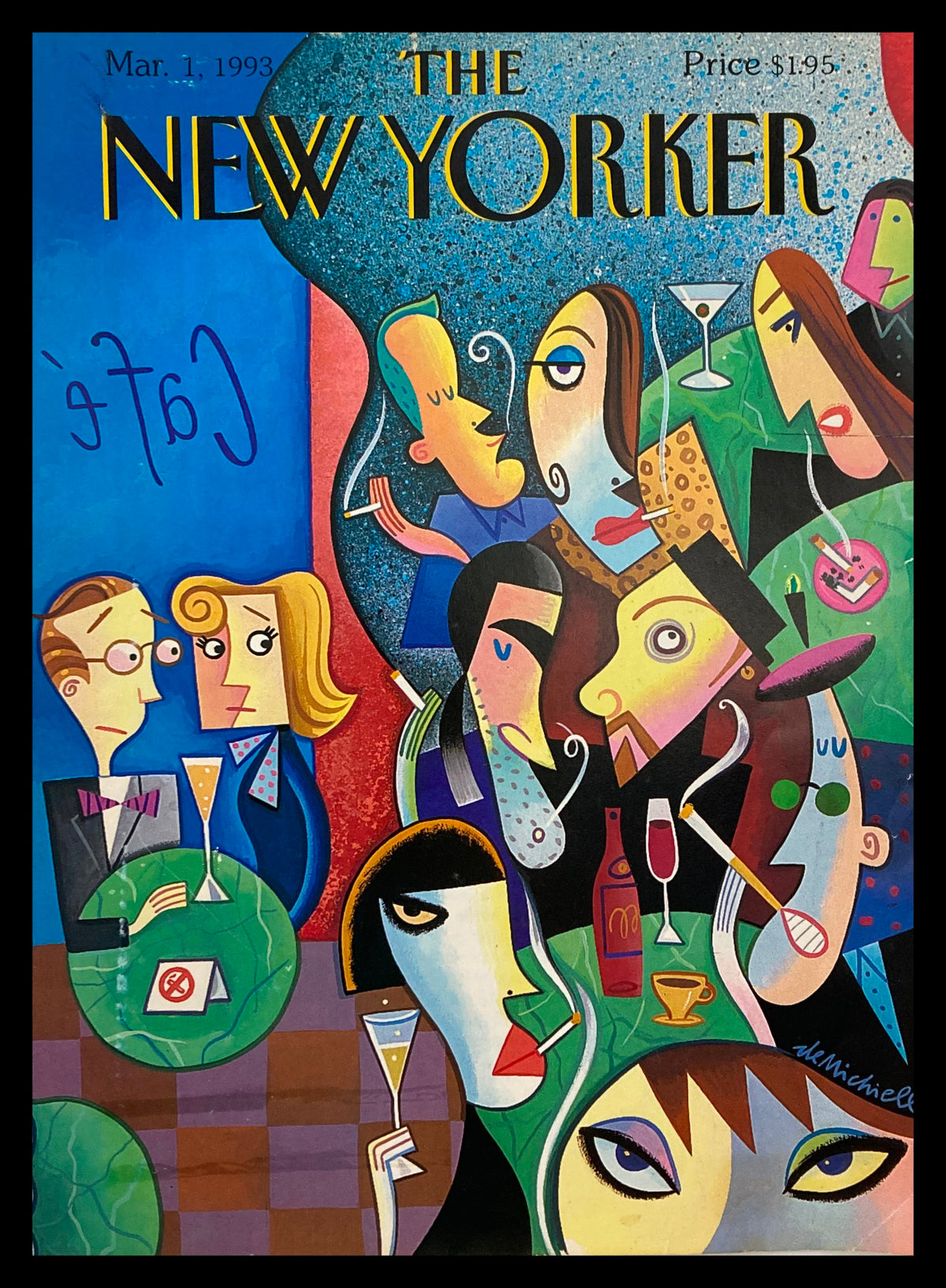 COVER ONLY The New Yorker March 1 1993 featuring 'Secondhand Smoke' by Robert deMichiell, showcasing vibrant colors and artistic depiction of a café scene with patrons and drinks.