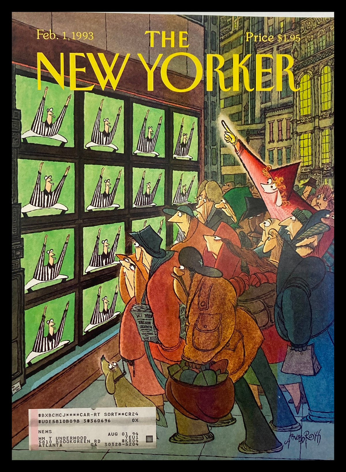COVER ONLY The New Yorker February 1 1993 Super Bowl XXVII by Arnold Roth featuring a colorful illustration of cartoonish fans watching multiple televisions showing referees during the Super Bowl.