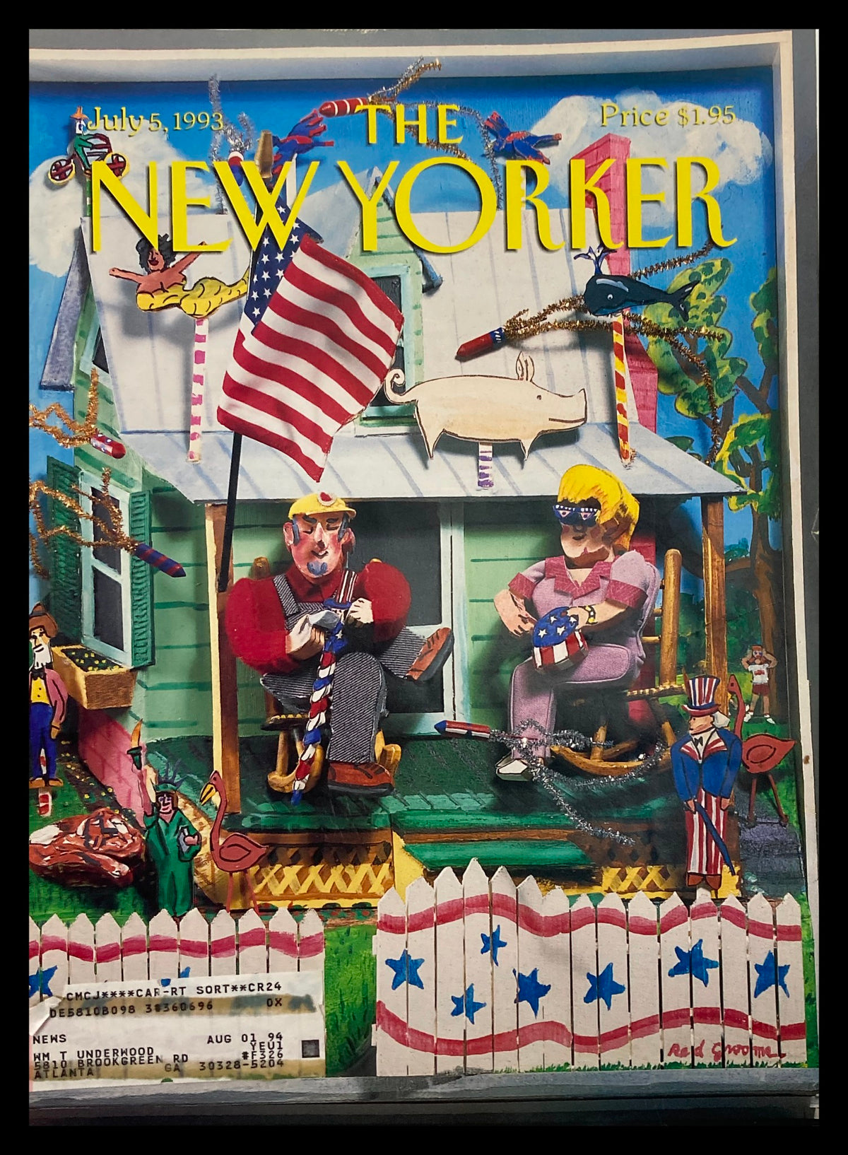 Cover of The New Yorker, July 5, 1993, titled 'The Glorious Fourth' by Red Grooms, showcasing a colorful illustration of Independence Day celebrations with characters, American flags, and festive decorations.