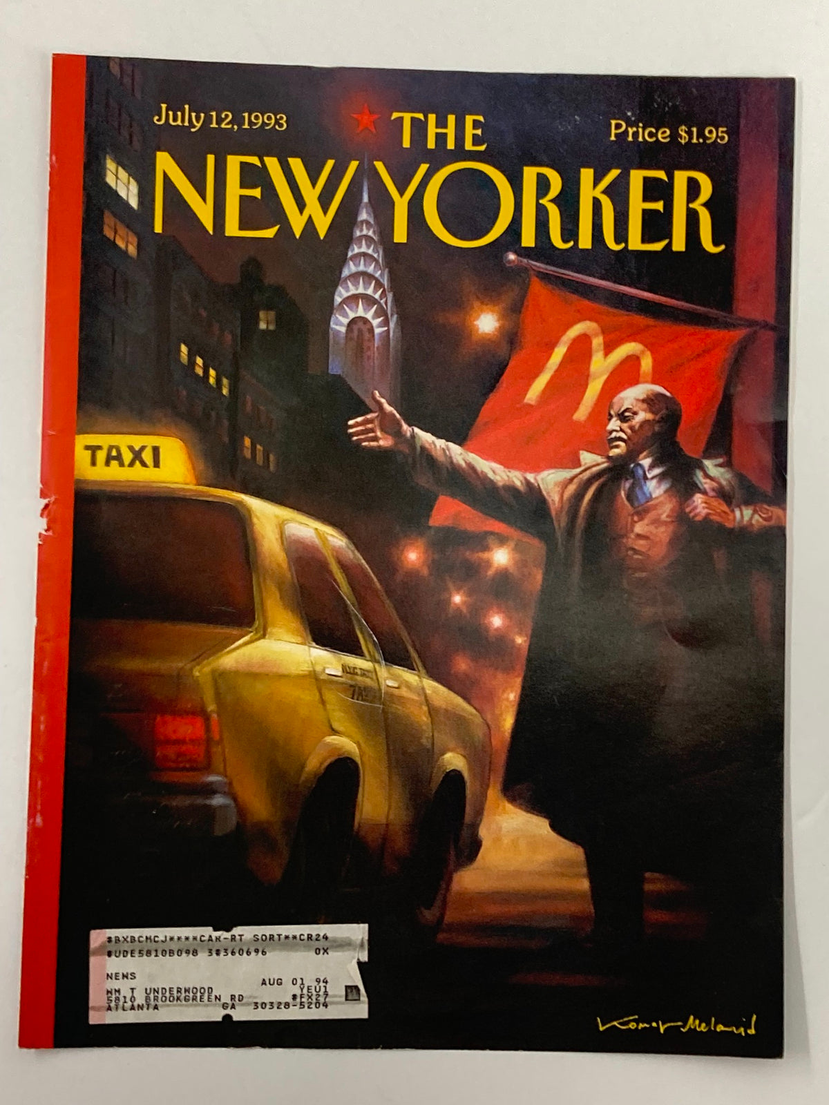 Cover of The New Yorker July 12, 1993, titled 'Lenin Hails A Cab' by Vitaly Komar, showing a scene with Lenin waving towards a yellow taxi and a McDonald's banner.