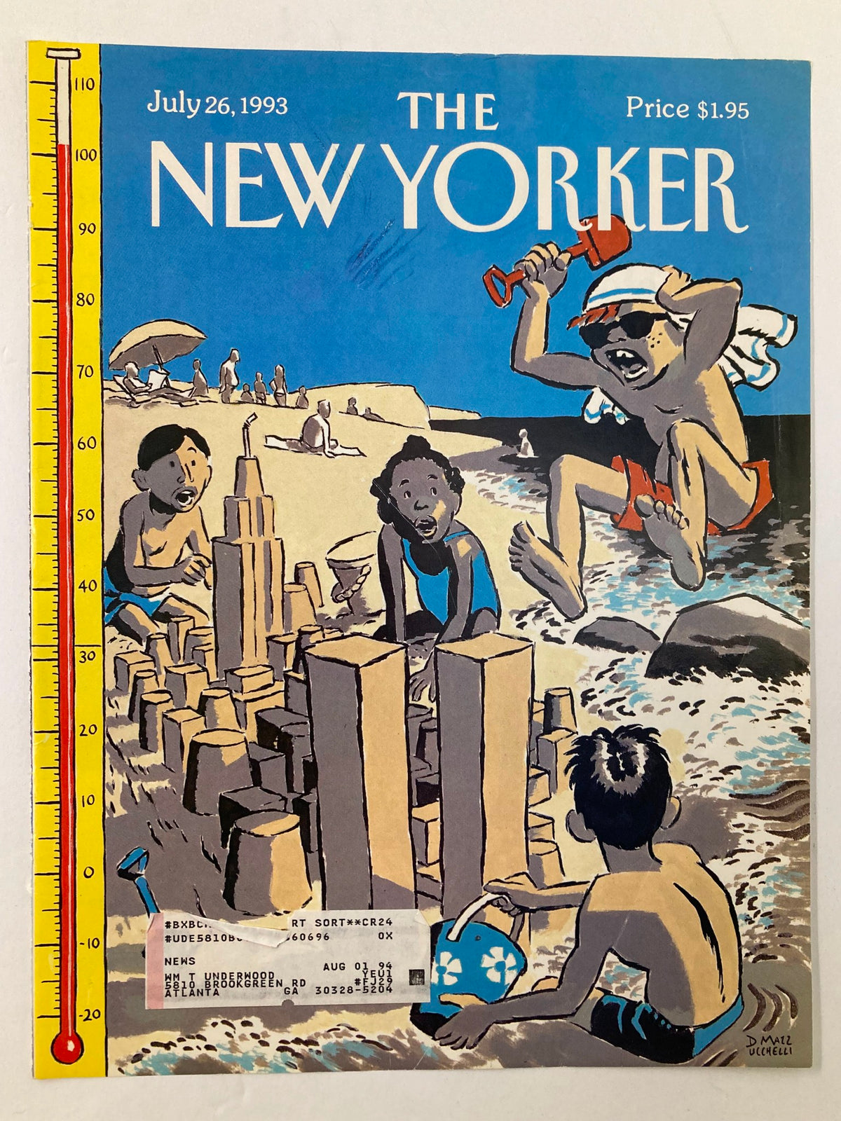 COVER ONLY The New Yorker July 26 1993 Castles in the Sand, illustrated by David Mazzucchelli, featuring children building sandcastles at the beach with vibrant colors and playful scenes.