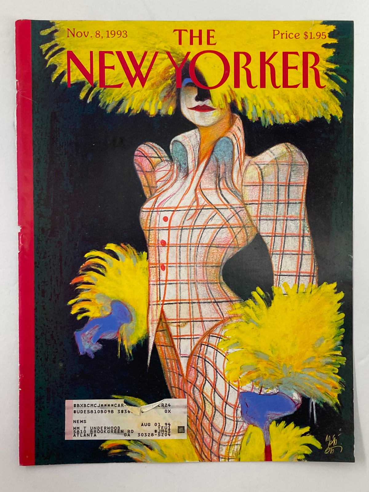 The New Yorker cover dated November 8, 1993, displaying the artwork 'Fashion Power' by Lorenzo Mattoti, highlighting an imaginative fashion figure adorned with a colorful feathered accessory.