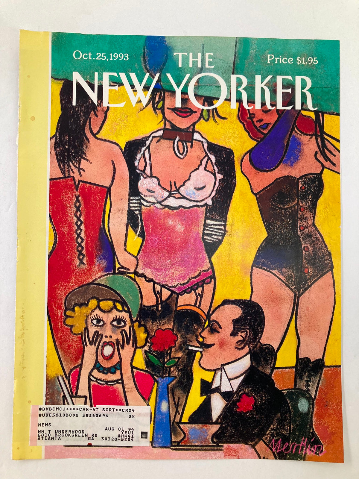 COVER ONLY The New Yorker October 25 1993 Couture de Sade by Richard Merkin artwork featuring colorful illustrations of characters in fashionable attire, highlighting a blend of humor and art history.