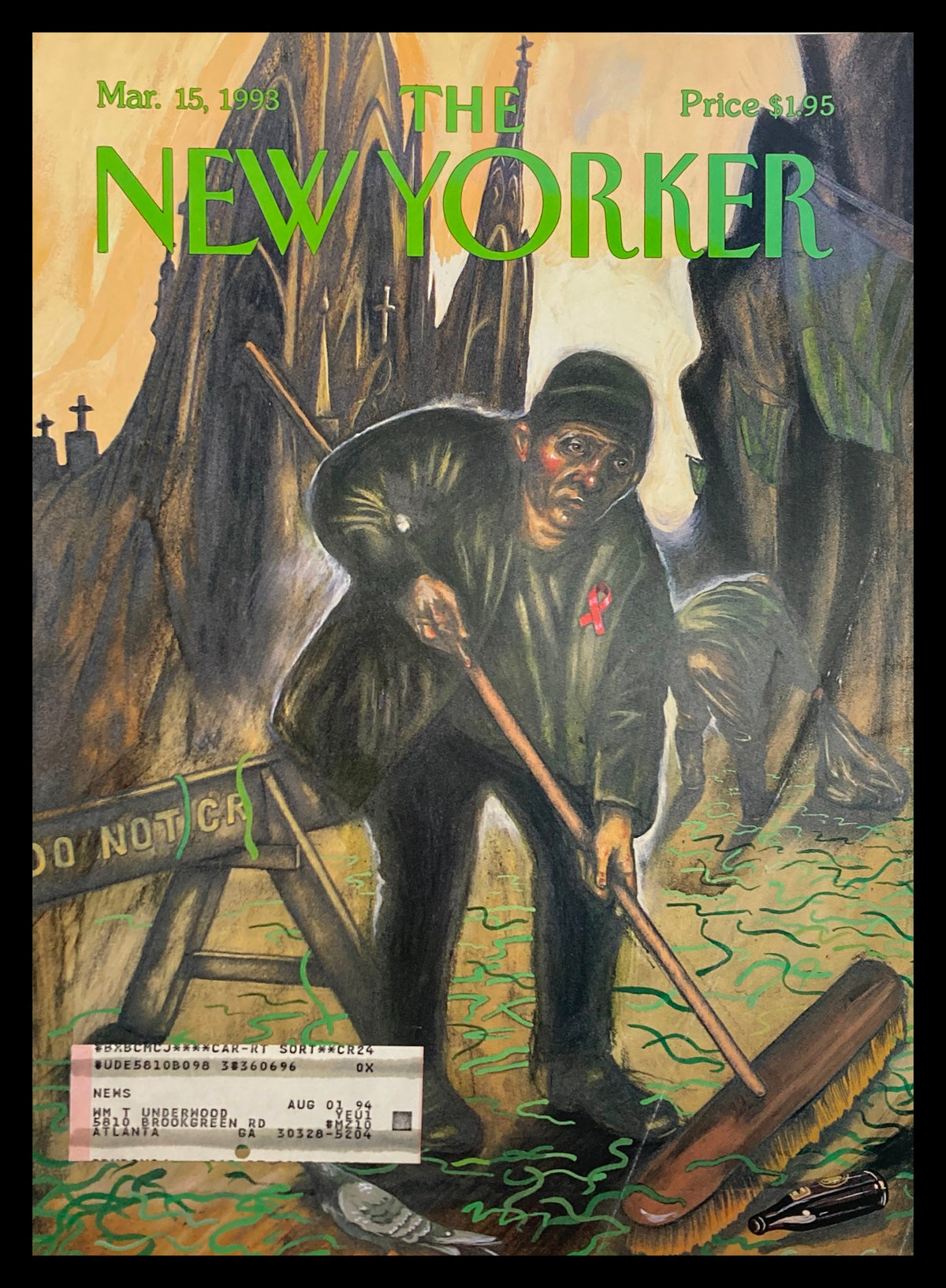 Cover of The New Yorker March 15, 1993 titled 'Do Not Cry' by Sue Coe, featuring a somber figure cleaning amidst a haunting landscape.