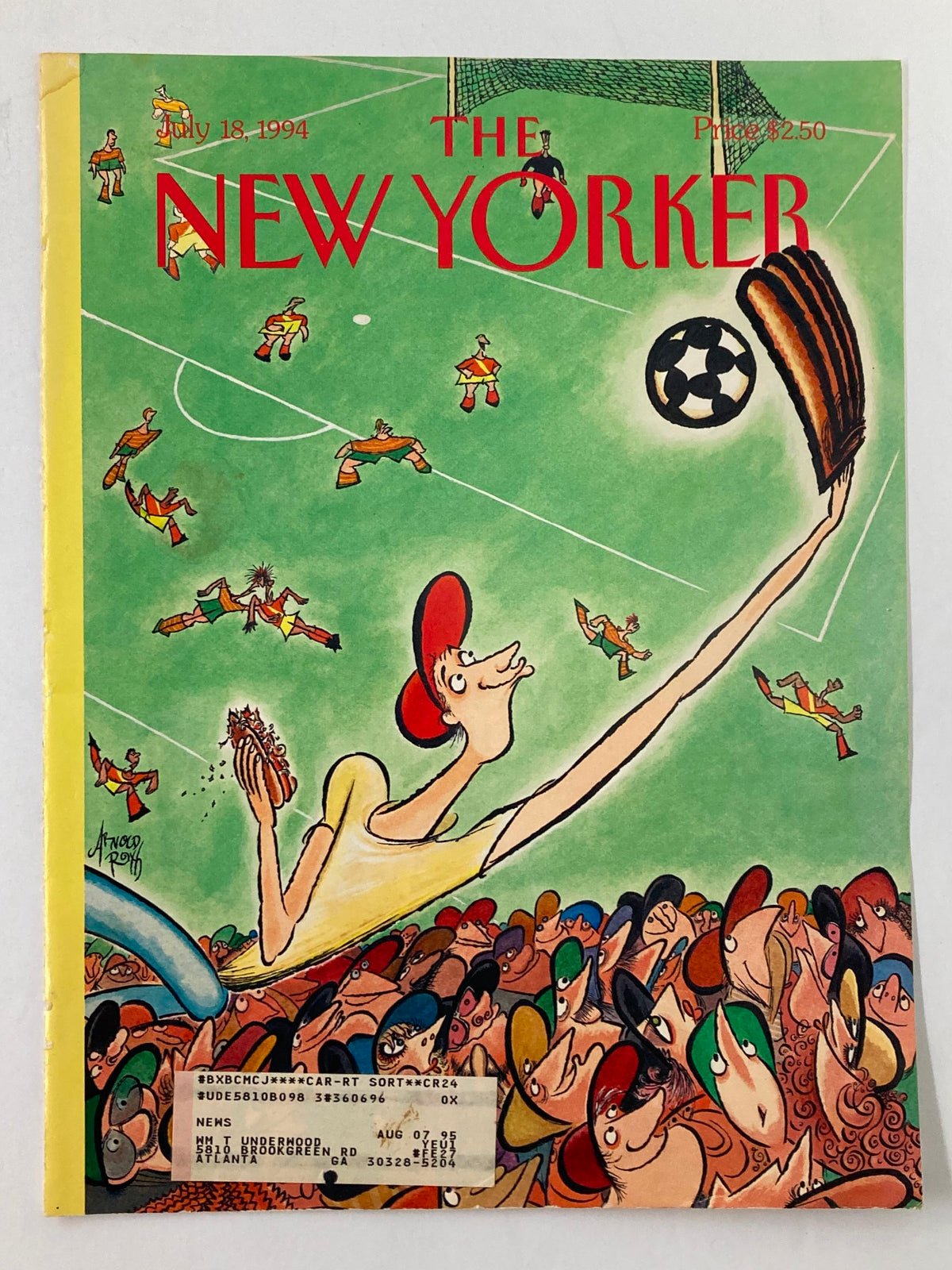 Cover of The New Yorker July 18 1994 titled "Homerun" by Arnold Roth, showcasing a playful scene of a character in a red cap catching a soccer ball, surrounded by colorful, animated spectators.