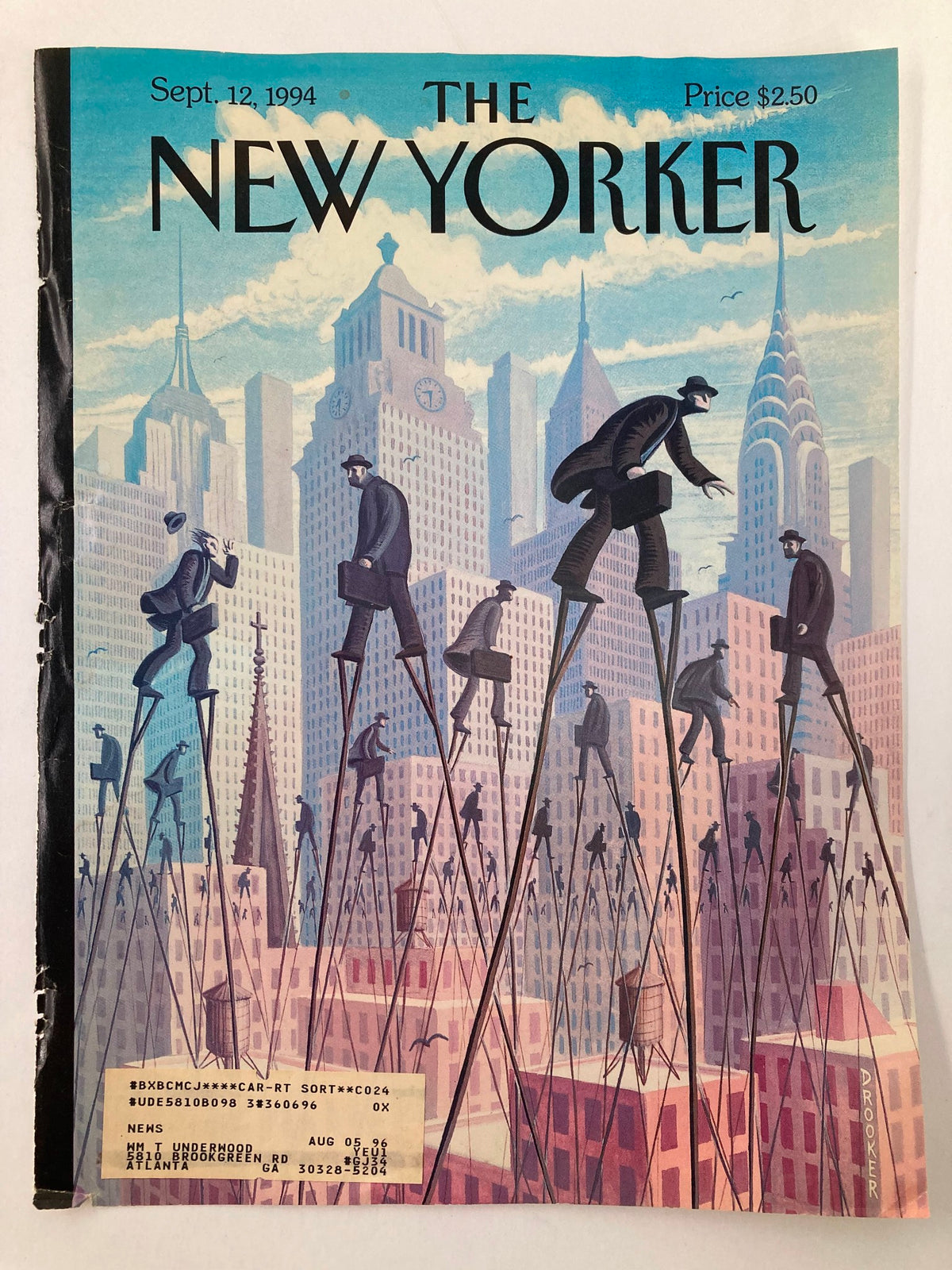 COVER ONLY The New Yorker September 12 1994 featuring the artwork 'Life at the Top' by Eric Drooker, showcasing a vibrant city skyline with men on stilts.