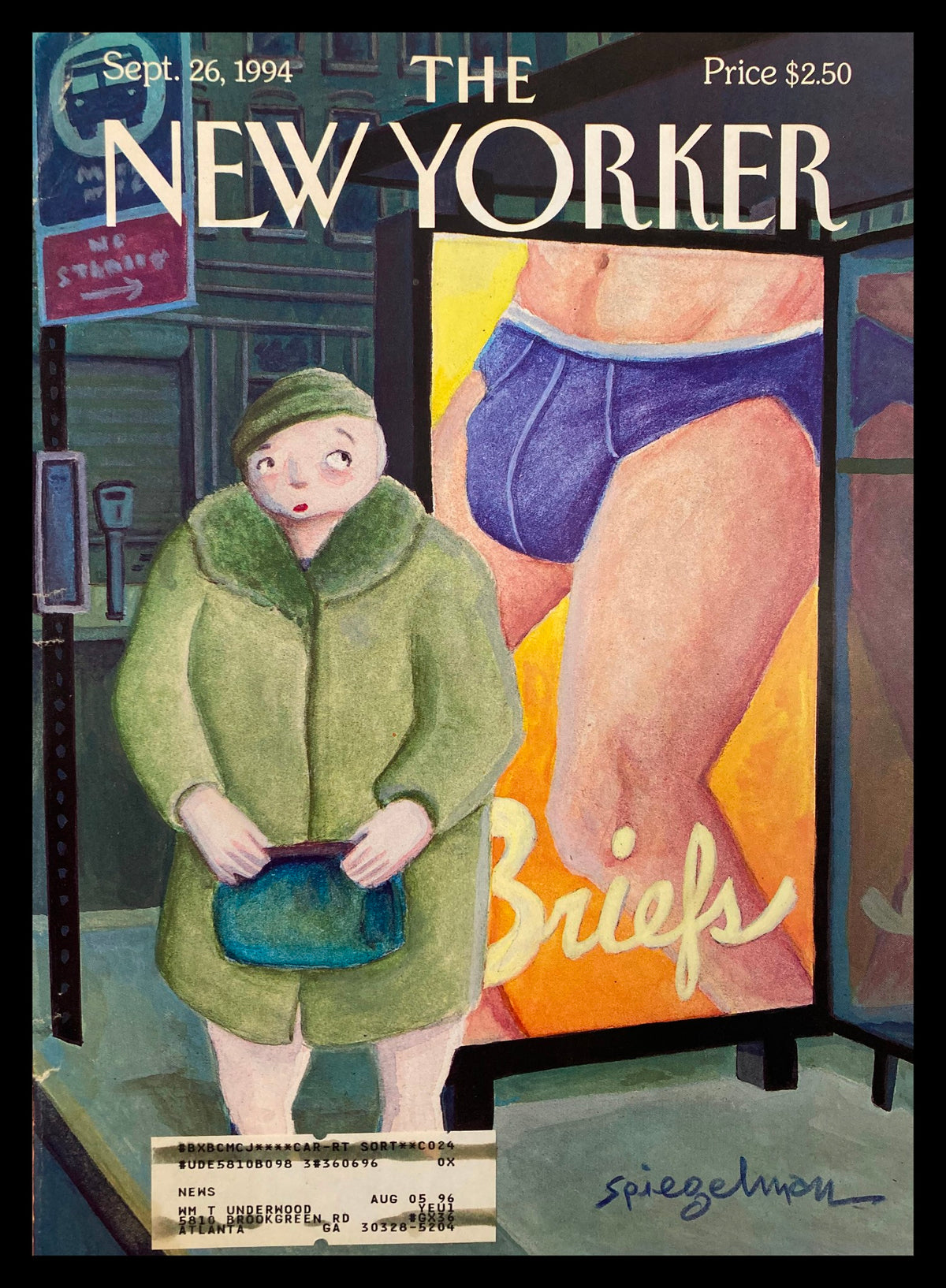 Cover of The New Yorker September 26, 1994 titled 'Brief Encounter' by Art Spiegelman featuring a character in green coat looking at an advertisement with men's briefs.